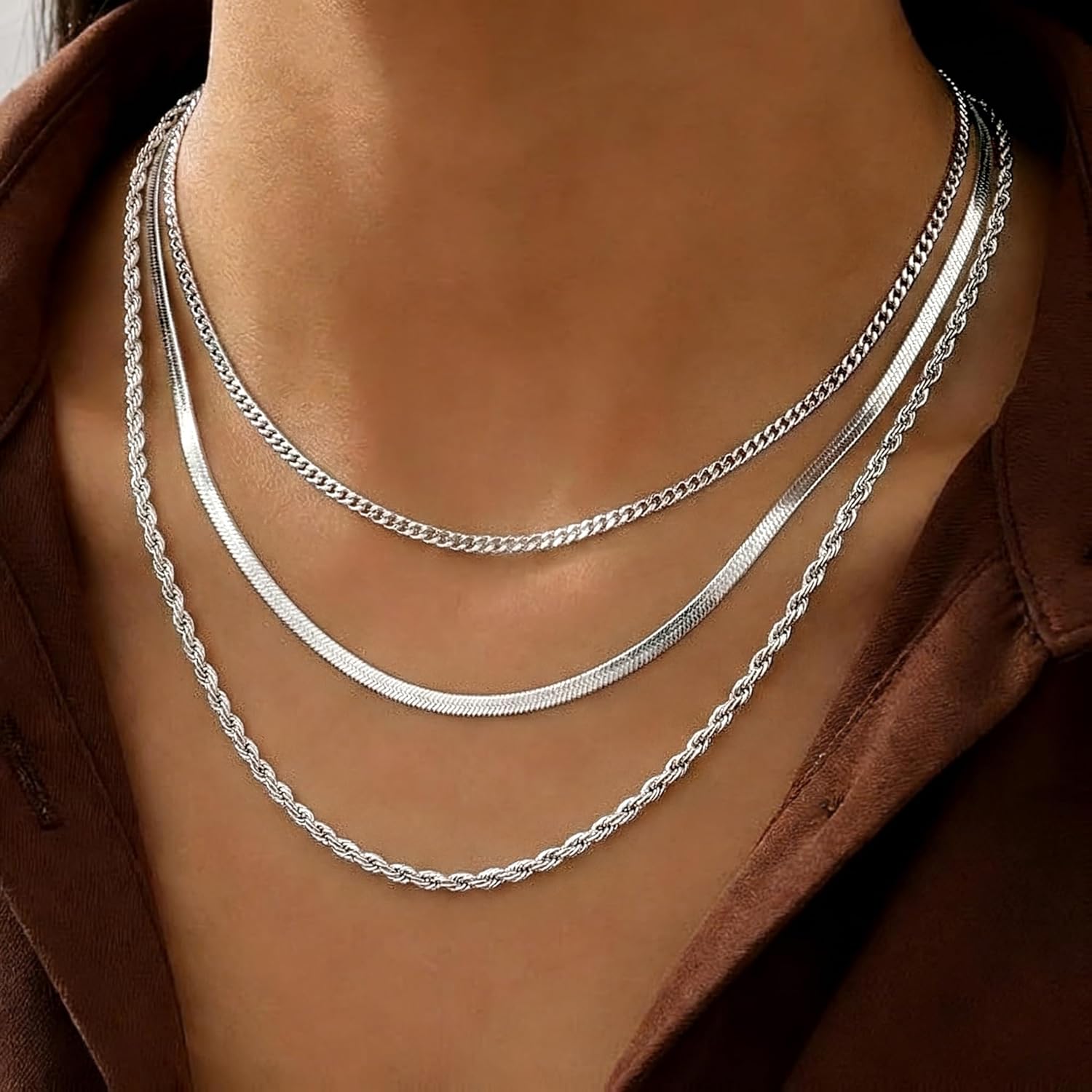 Gold Layered Necklace Set for Women,3 Piece Dainty Stackable Necklaces,14k Gold Plated Herringbone Rope Cuban Chains,Adjustable Trendy Hypoallergenic Choker Necklace for Women Jewelry Gifts - Image 4