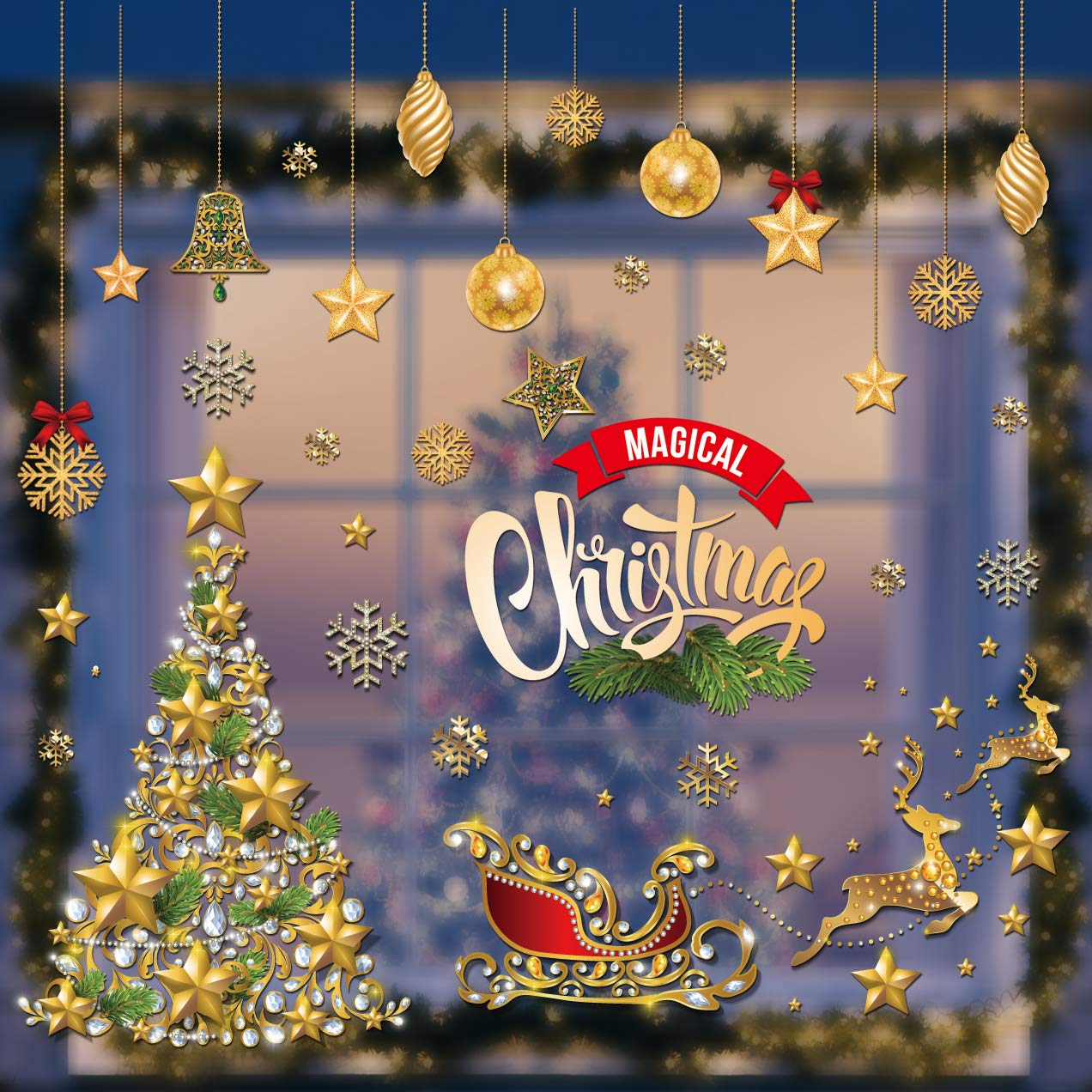 Vetrofania Natalizia Oro - Adesivi Per Vetrine Con Albero, Pacchi E Merry Christmas - Applicazione Interna
