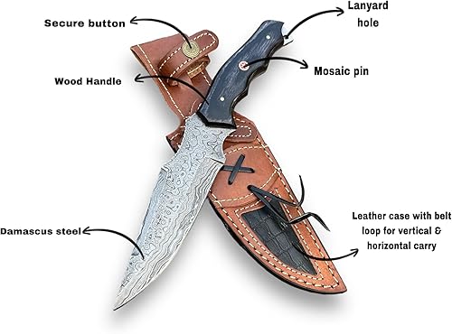 Miniatura 5 de Cuchillo de caza hecho a mano de acero de Damasco con funda de cuero, cuchillos Bowie de Damasco de hoja fija forjados a mano de 10.5 pulgadas para