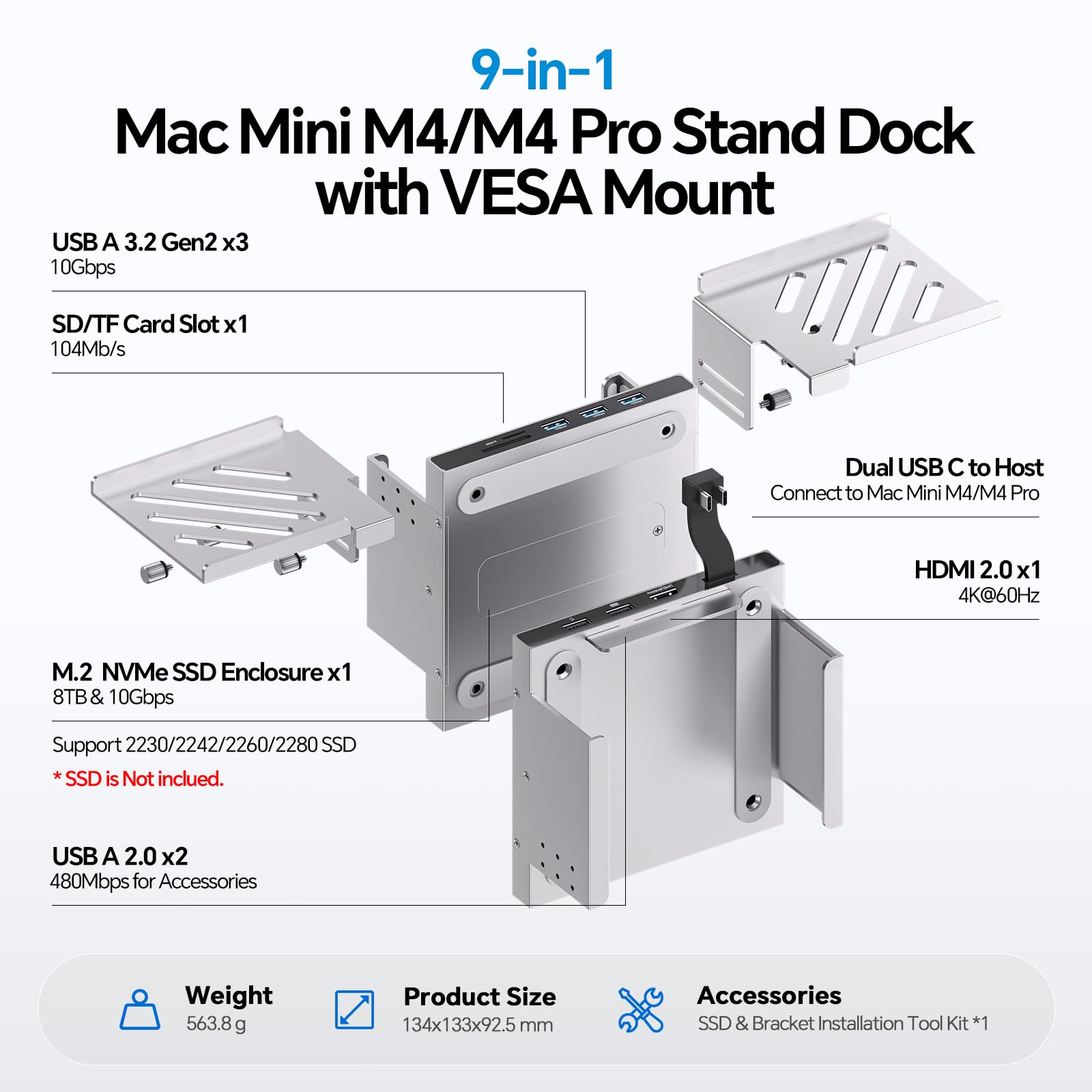 Mac mini M4 Dock & Stand con Alloggiamento, SSD M.2 Slot, HDMI 4K60 | Hub Mac mini M4 con 3 USB-A 10Gbps per Mac mini M4/M4 Pro, supporto in metallo per Monitor, Scrivania e porta VESA