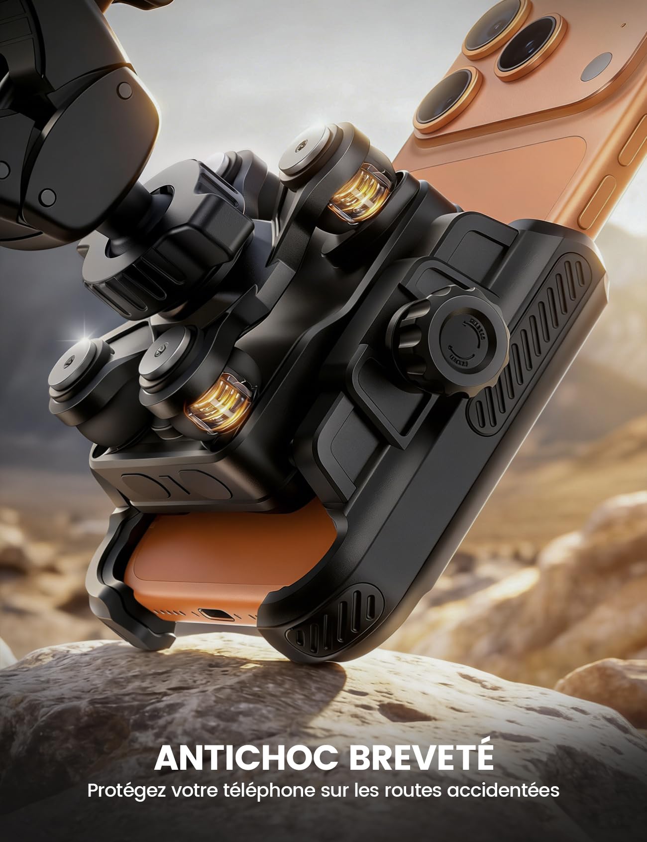 Lamicall Support Téléphone Moto, Porte Téléphone Vélo – [Ne Bloque Pas la Caméra] [Double Amortisseur] 1S Verrouillage, 360° Rotation, Support Guidon Universel pour iPhone et Autres 6-7,2" Smartphones