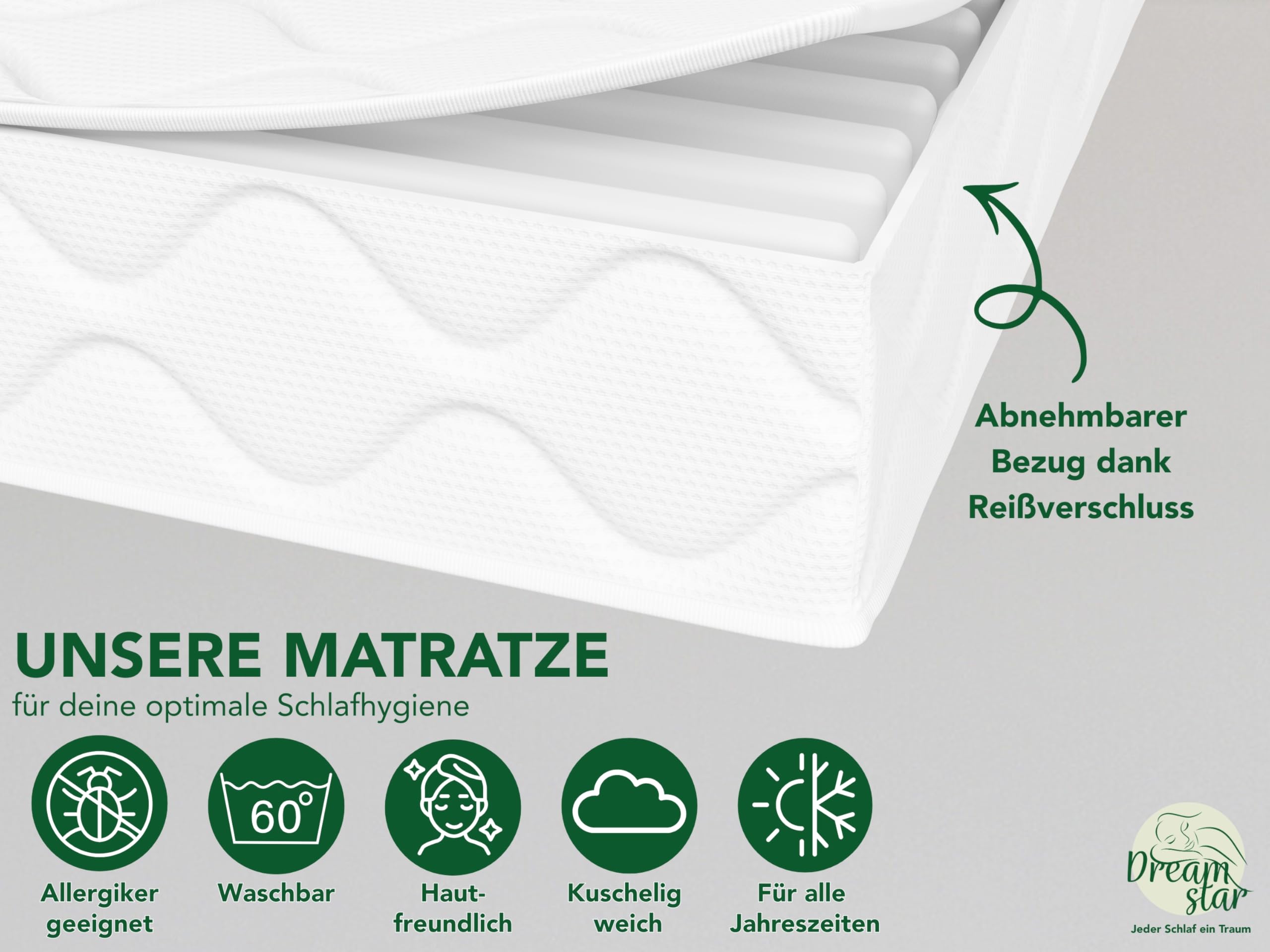 DREAMSTAR Ergo Flex XXL Duo 7-Zonen Matratze 140x200 cm | H2&H3 | Ergonomische Kaltschaummatratze | Hypoallergen & Antibakteriell | Bezug abnehmbar & waschbar | Öko-TEX® | (22cm, 140 x 200 cm)