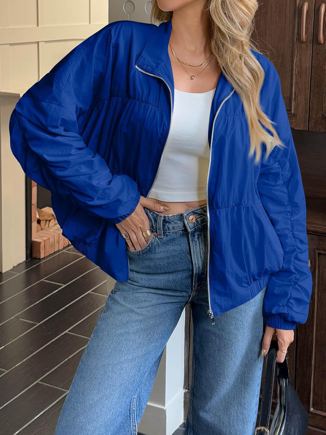 Yousify Womens Lightweight Bomber Jacket Oversized Batwing Sleeve Zip Up Stand Collar Ruched Coat Jackets with Pockets - Image 3