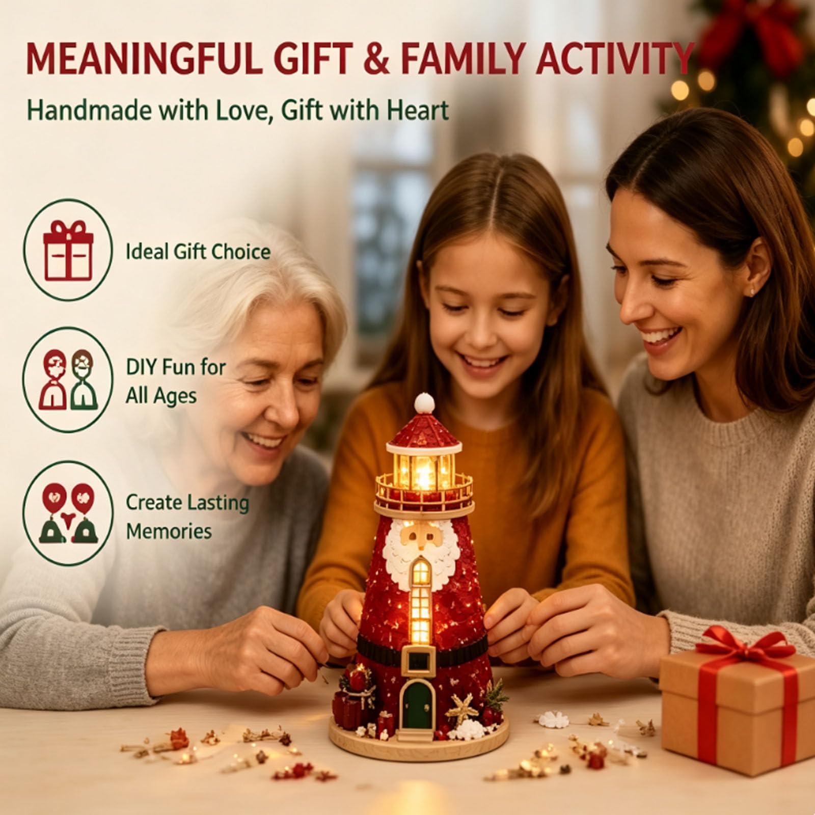 Kit fai da te illuminato per principianti, motivo: faro, in stile vetro marino, luci a LED e guida, 3D fatto a mano per decorare la casa, rosa