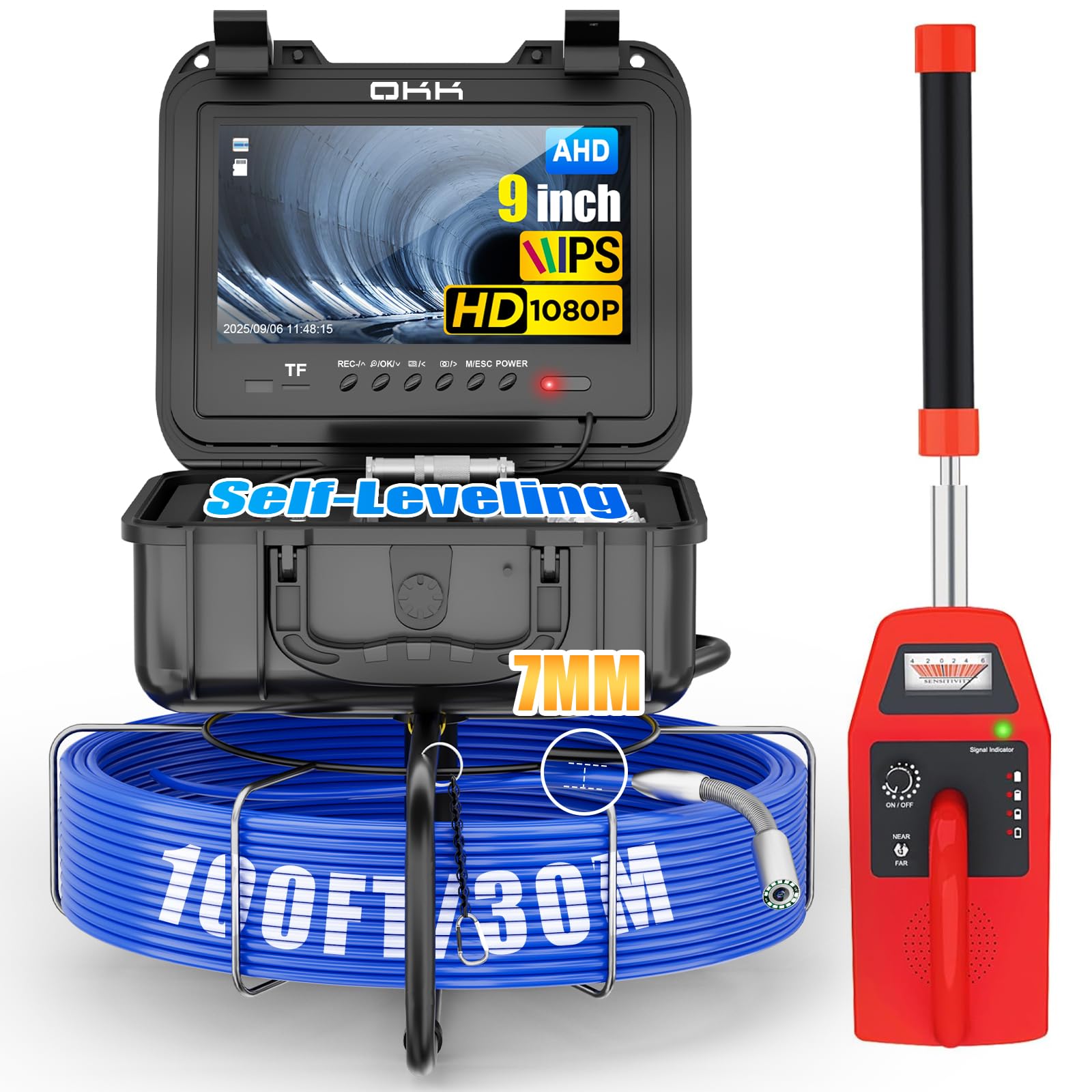 Okk Sewer Camera with Locator, Drain Camera 100ft, Pipe Inspection with 512Hz Sonde, Self-Leveling, Industrial Endoscope with DVR, 9" LCD, Meter