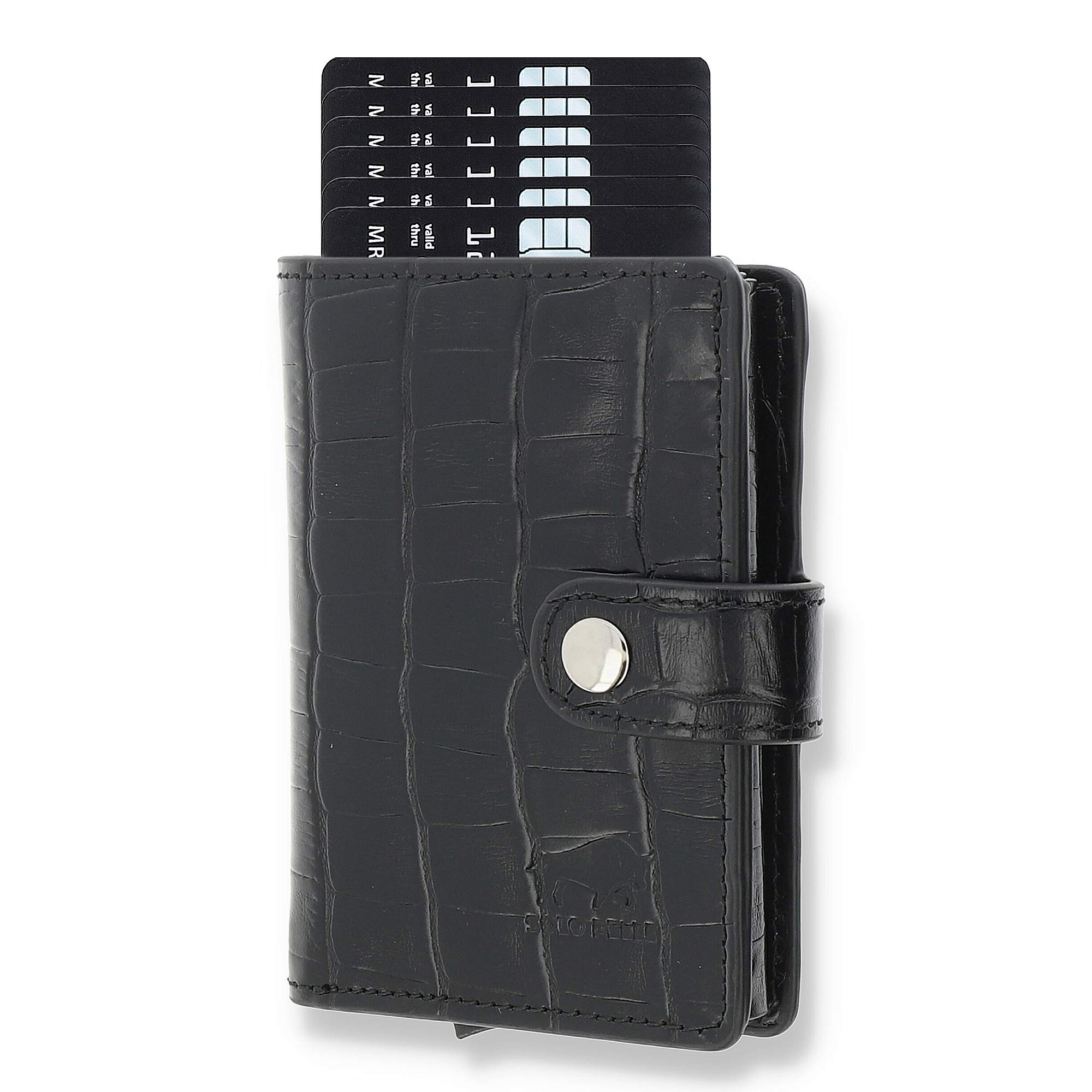 Solo Pelle Leder Geldbörse Q-Wallet mit integriertem Kartenetui für 15 Karten + Geldscheine geeignet | Kreditkartenetui mit RFID (Kroko Schwarz)