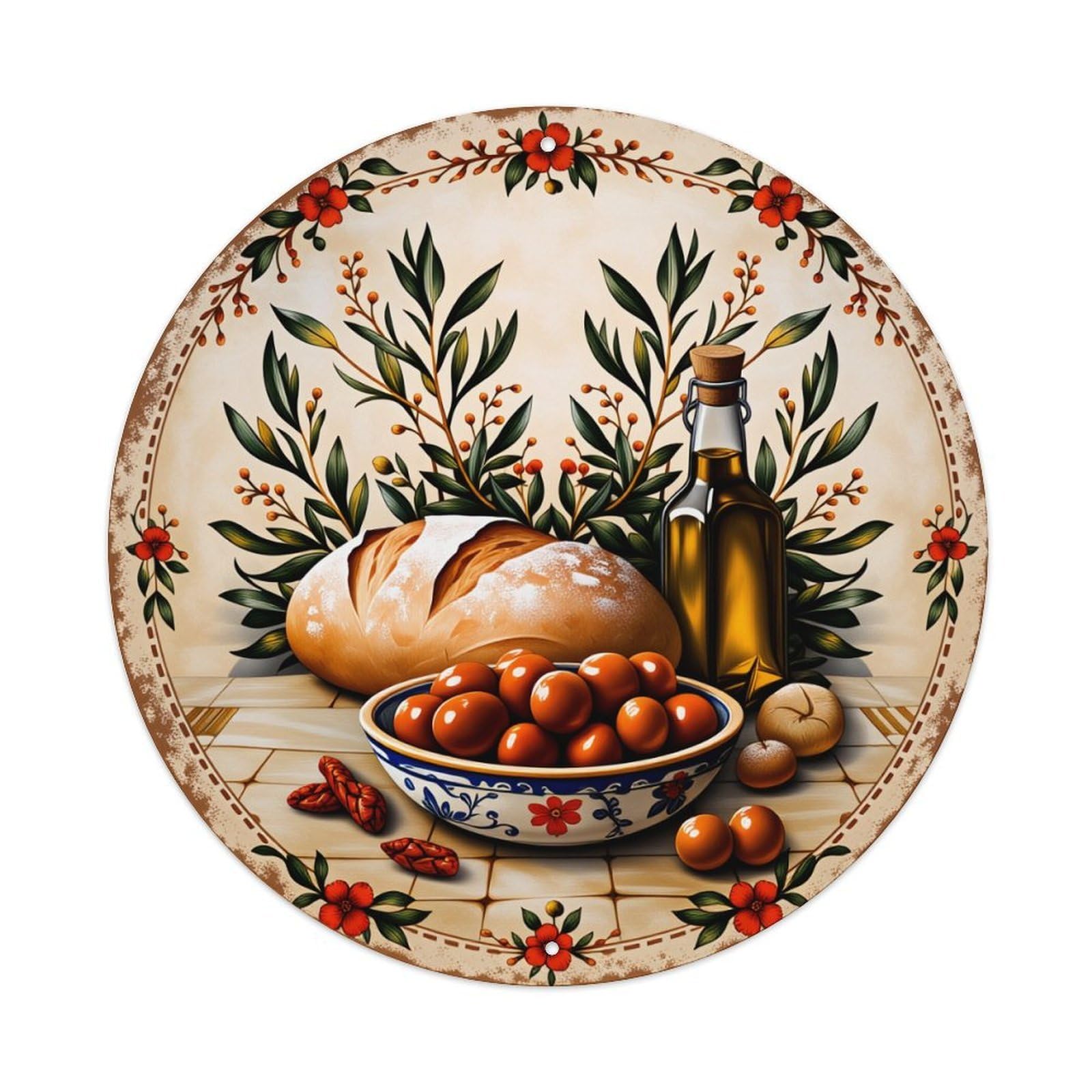 Floral Olive Branches Bread Olives Bottle Round Vintage Tin Sign,Retro Wall Art,Metal Poster for Home, Bar, Garage, Cafe, Rustic Indoor & Outdoor Decor, 8x8 Inches