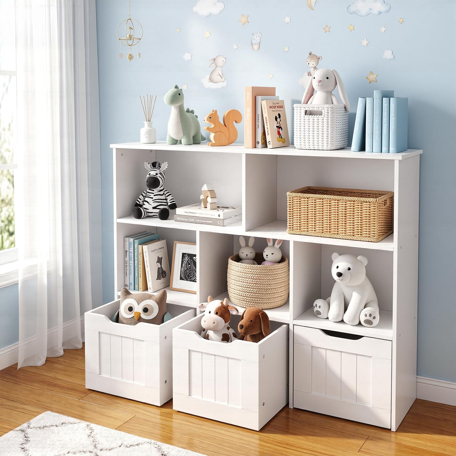 Panana Kids Bookshelf and Toy Storage Organizer,2-Tier 5 Open Shelves,3 Drawers with Wheels,Toy Storage Organise for Kids Room,Nursery,Bedroom,Playroom