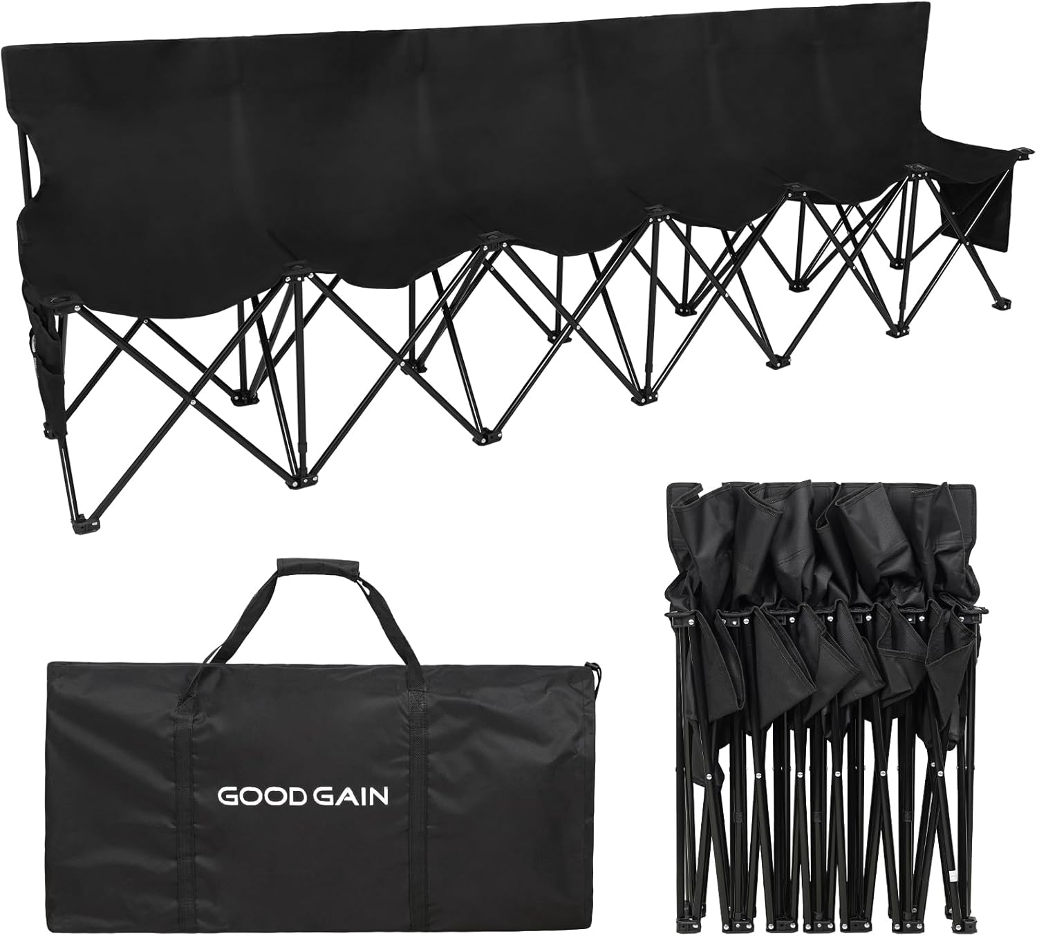 G GOOD GAIN Portable Soccer Bench - Team Bench Soccer 6 Seats with Bag, Sideline Folding Bench, Folded Chair Seating 6 for Football Camp Outdoor Sport Events, Team Chairs for Adults, Black Black 6 Seats