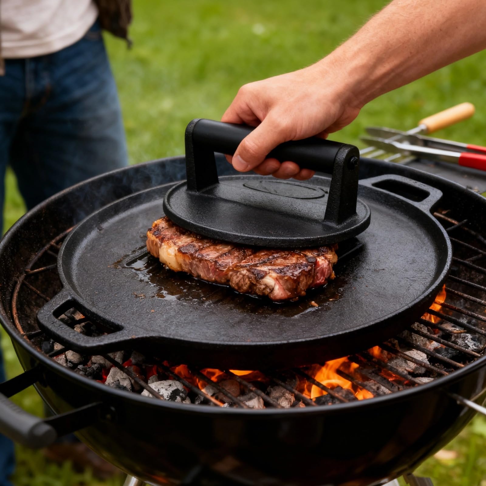 Burgerpresse aus Gusseisen mit Holzgriff, 6,3 Zoll runde Fleischpresse zum Grillen, Smash-Burgerpresse für BBQ, Speck, Sandwiches und Gemüse, robustes Design für gleichmäßiges Kochen
