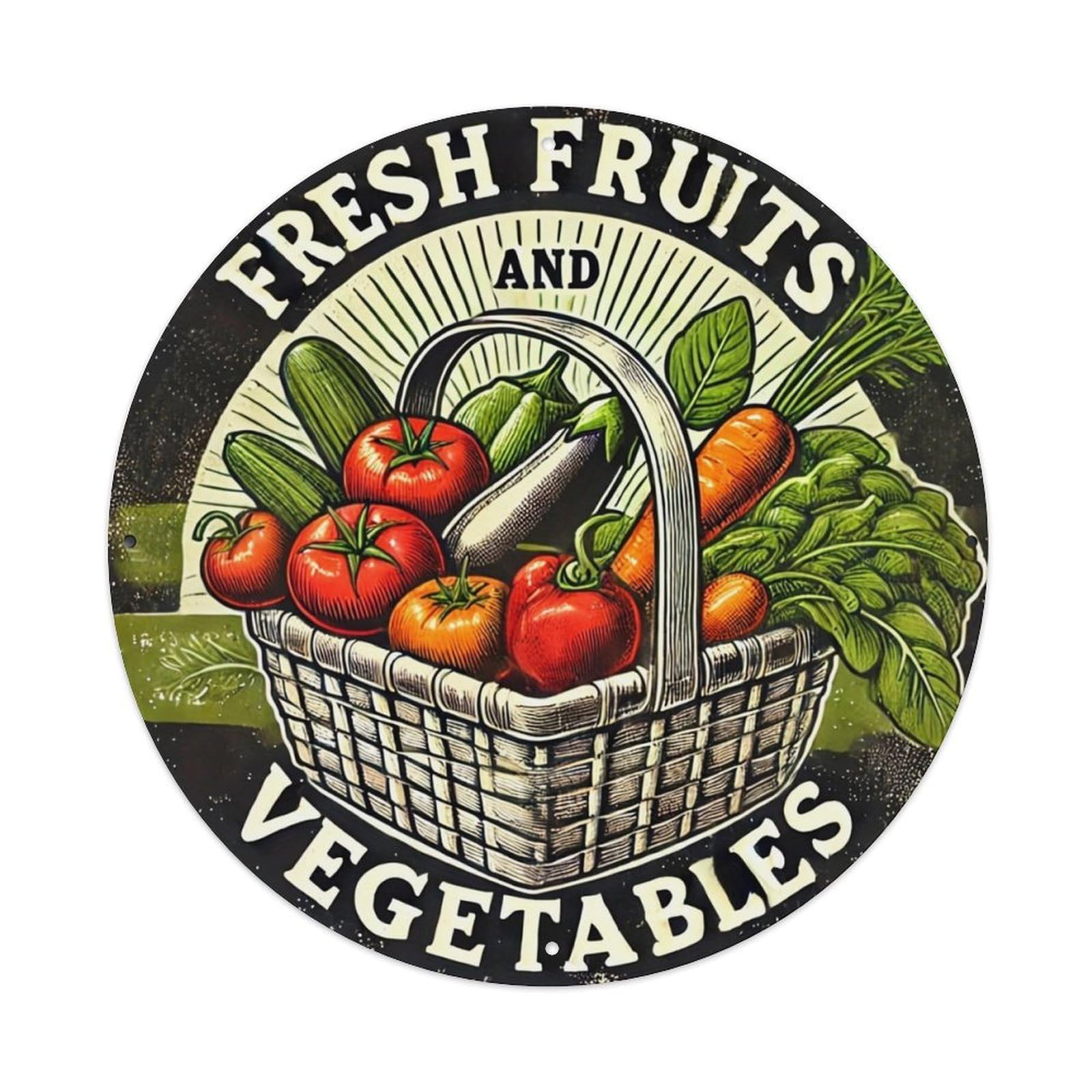 Fresh Fruits And Vegetables Basket Vintage Round Tin Sign Retro Metal Wall Decor Metal Poster, Home Bar Garage Cafe Wall Art Decoration 8x8Inches