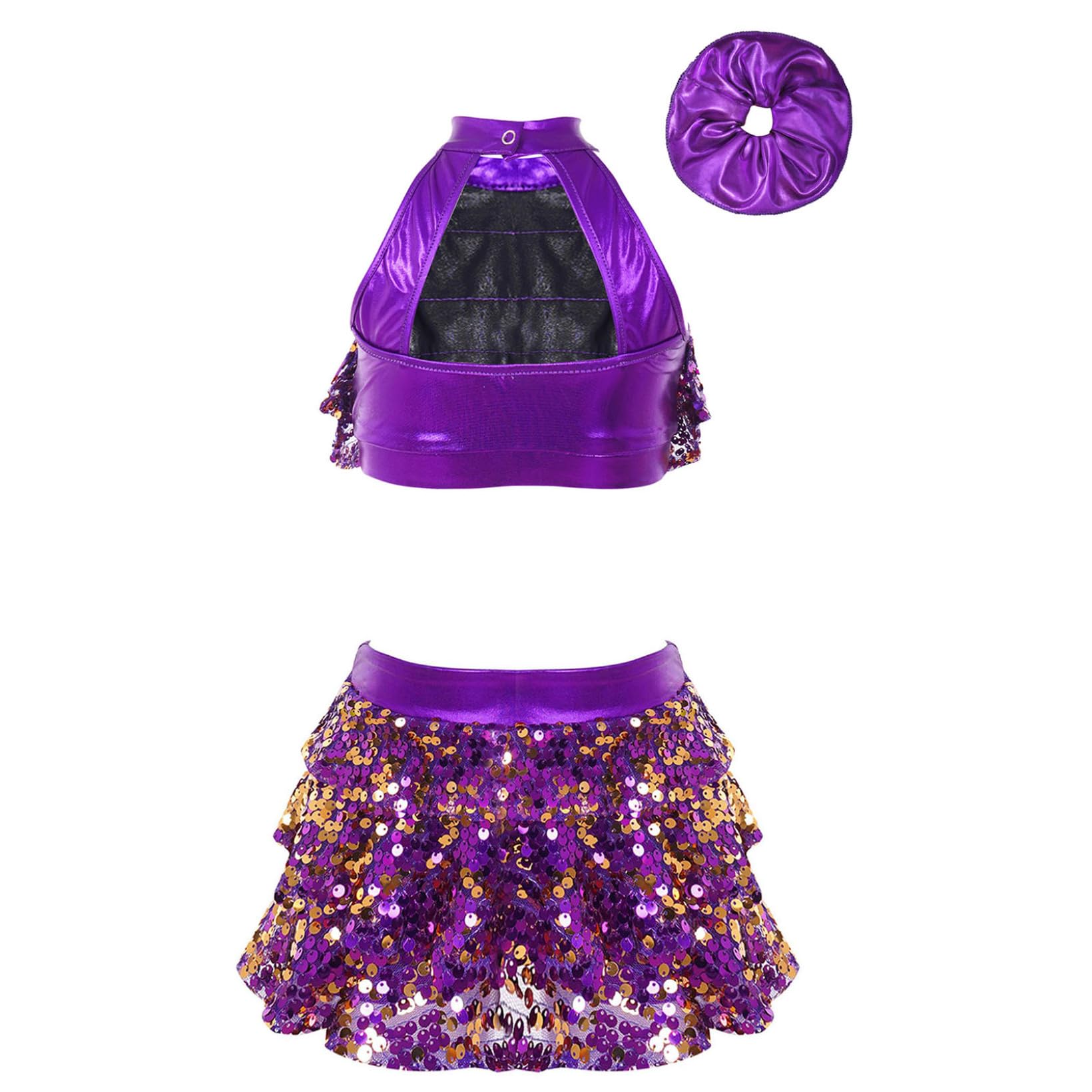 JanJean Kids Girls Sparkle Metallic Crop Top with Skirted Hair Band for Hip Hop Jazz Street Dance Competition Purple 9-10 Years