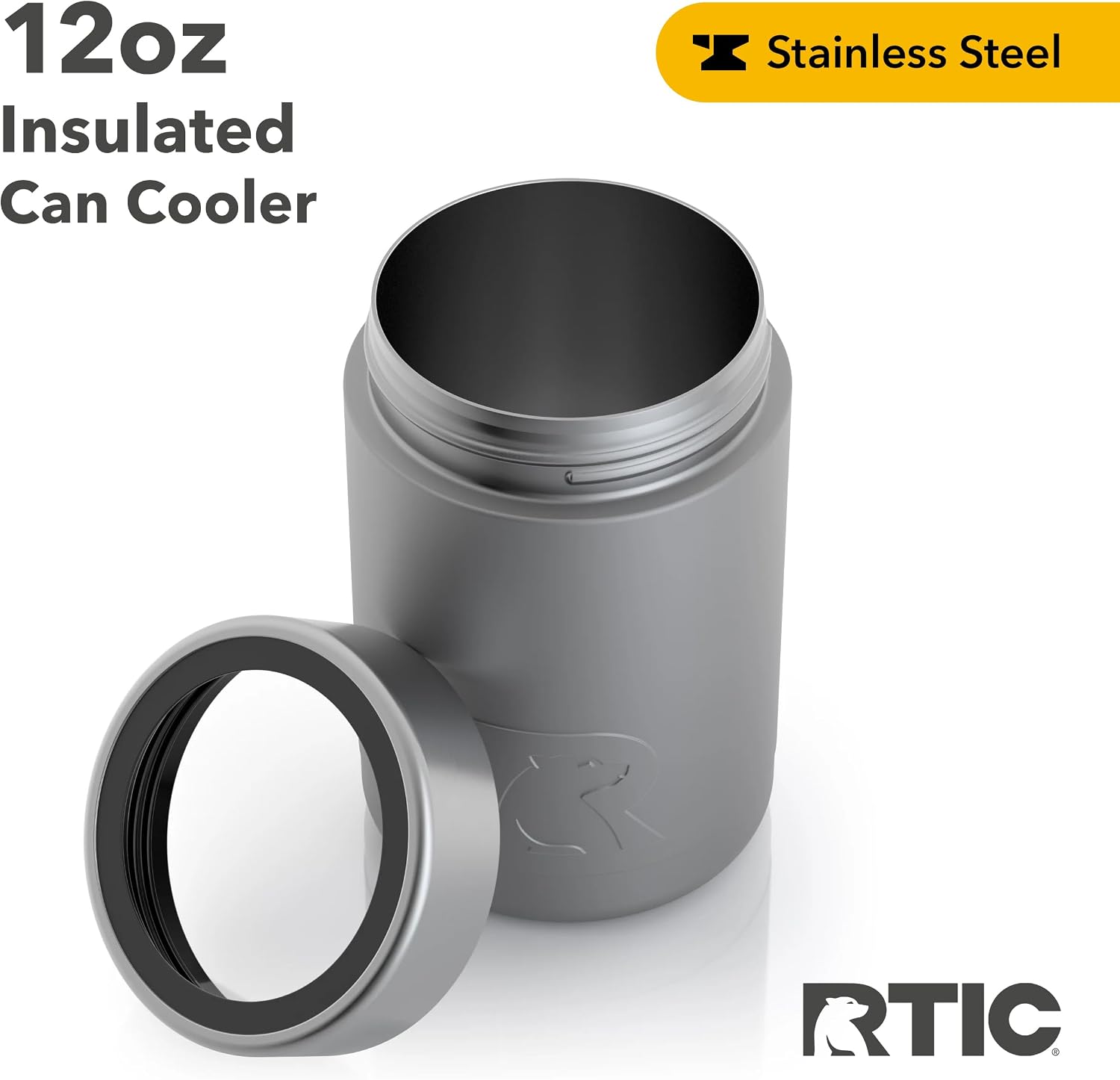 RTIC Can Cooler Insulated, Beer, Beverage, Soda Can Cooler with Lid, Stainless Steel Metal, Double Wall Insulation Coozie for Cans, Sweat Proof, 12oz, Graphite