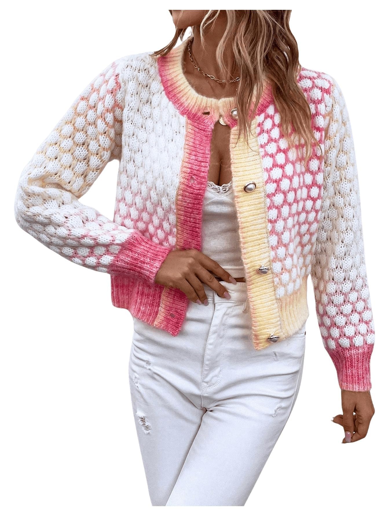 Womens Button Up Colorful Cropped Dressy Cardigan Cute Trendy 2025 Knit Casual Tweed Sweater Jacket