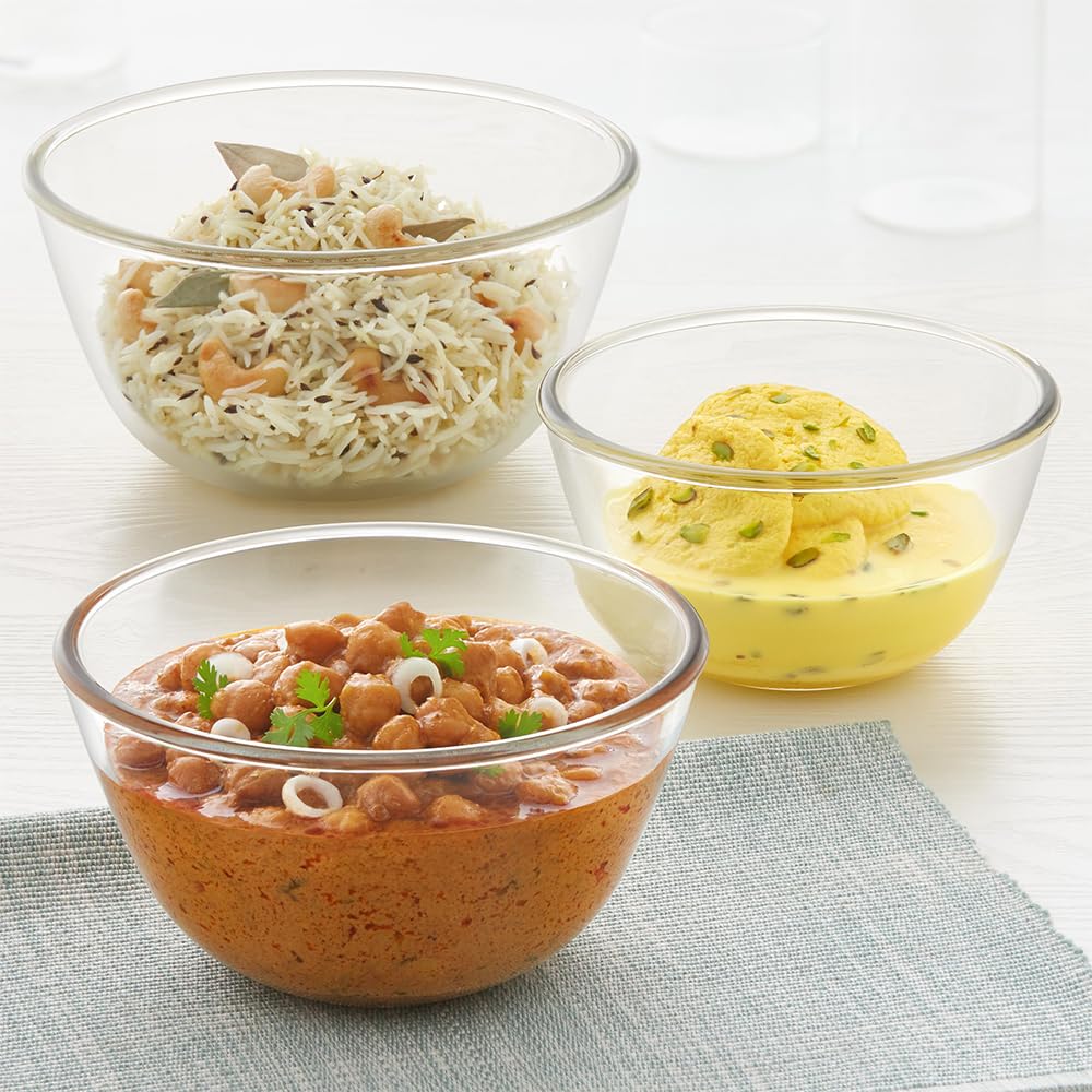 Borosil 750ml + 1L + 1.5L (3pc) Serving & Mixing Bowl Set | Made in India Borosilicate Glass Bowl for Kitchen & Dinning | Bowl for Mixing Dough, Salad, Batter | Microwave & Dishwasher Safe | Clear
