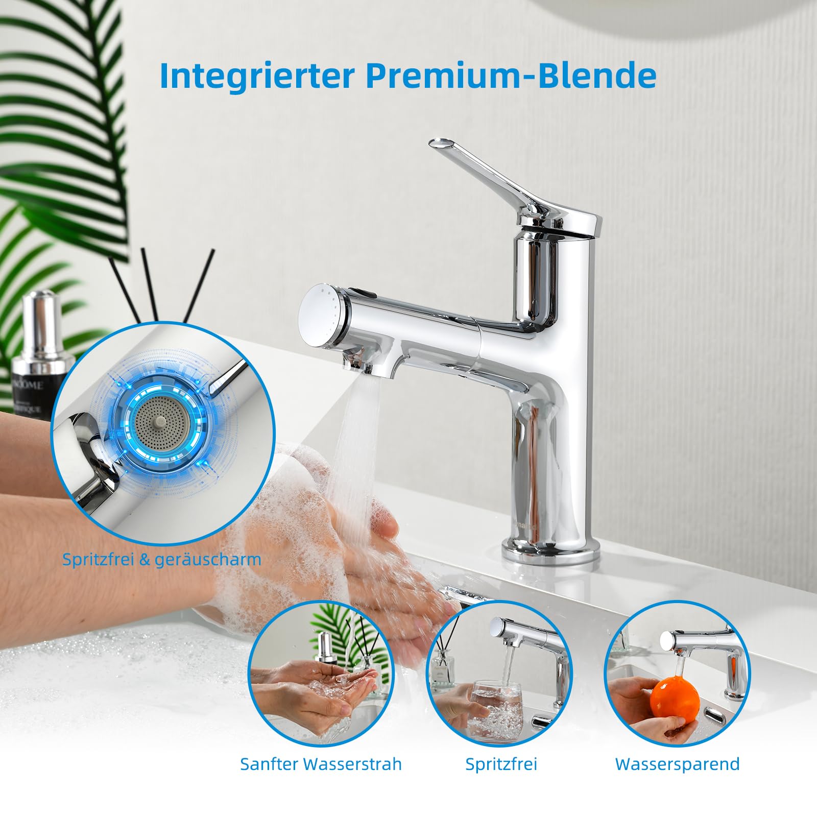 Rubinetto bagno Mynaiad, rubinetto bagno lavabo per bagno con 3 tipi di getto, doccetta estraibile, miscelatore lavabo bagno monocomando per lavabo, cromato