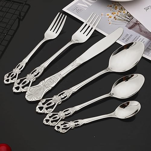 Miniatura 2 de JASHII Juego de cubiertos de acero inoxidable 304 vintage de 24 piezas para 4 cuchillos Royal Shiny Cuchara, Postre, Tenedor, cucharadita para el