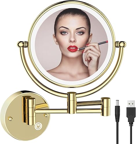 Espejo de maquillaje iluminado recargable montado en la pared, espejo de aumento de pared de doble cara 1X/5X para baño, espejo de latón montado en