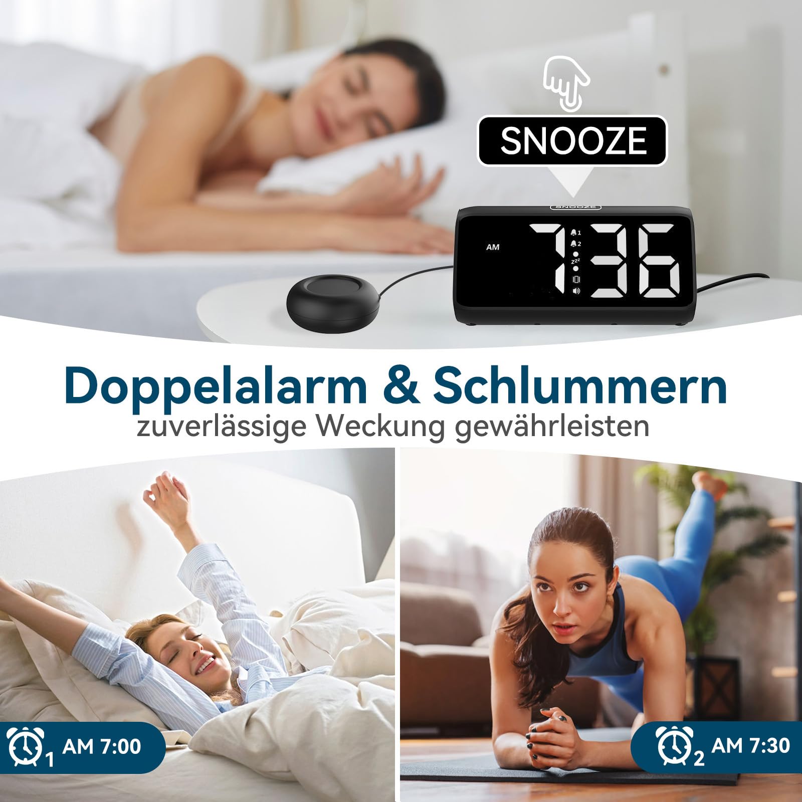 Głośny budzik do głębokiego snu, głośny budzik wibracyjny, podwójny alarm, wskaźnik LED, 5 poziomów jasności, 4 głośności, drzemka, budzik wibracyjny dla osób starszych, nastolatków, niesłyszących