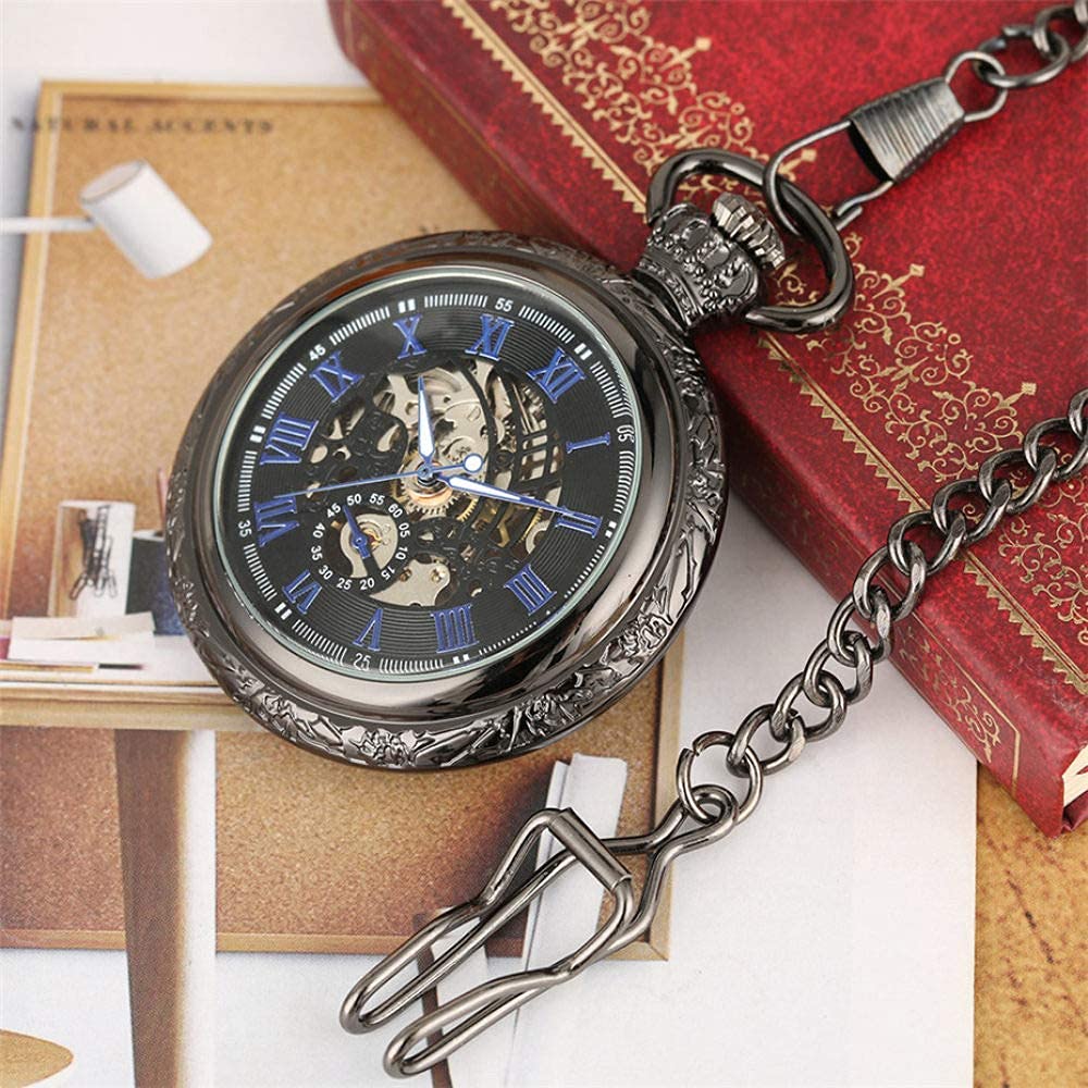 Montre de poche sculptée classique montres-bracelets Fob Watchk, montre mécanique rétro à remontage manuel chiffres romains affichage squelette Steampunk Fob pendentif horloge montres Vintage noir
