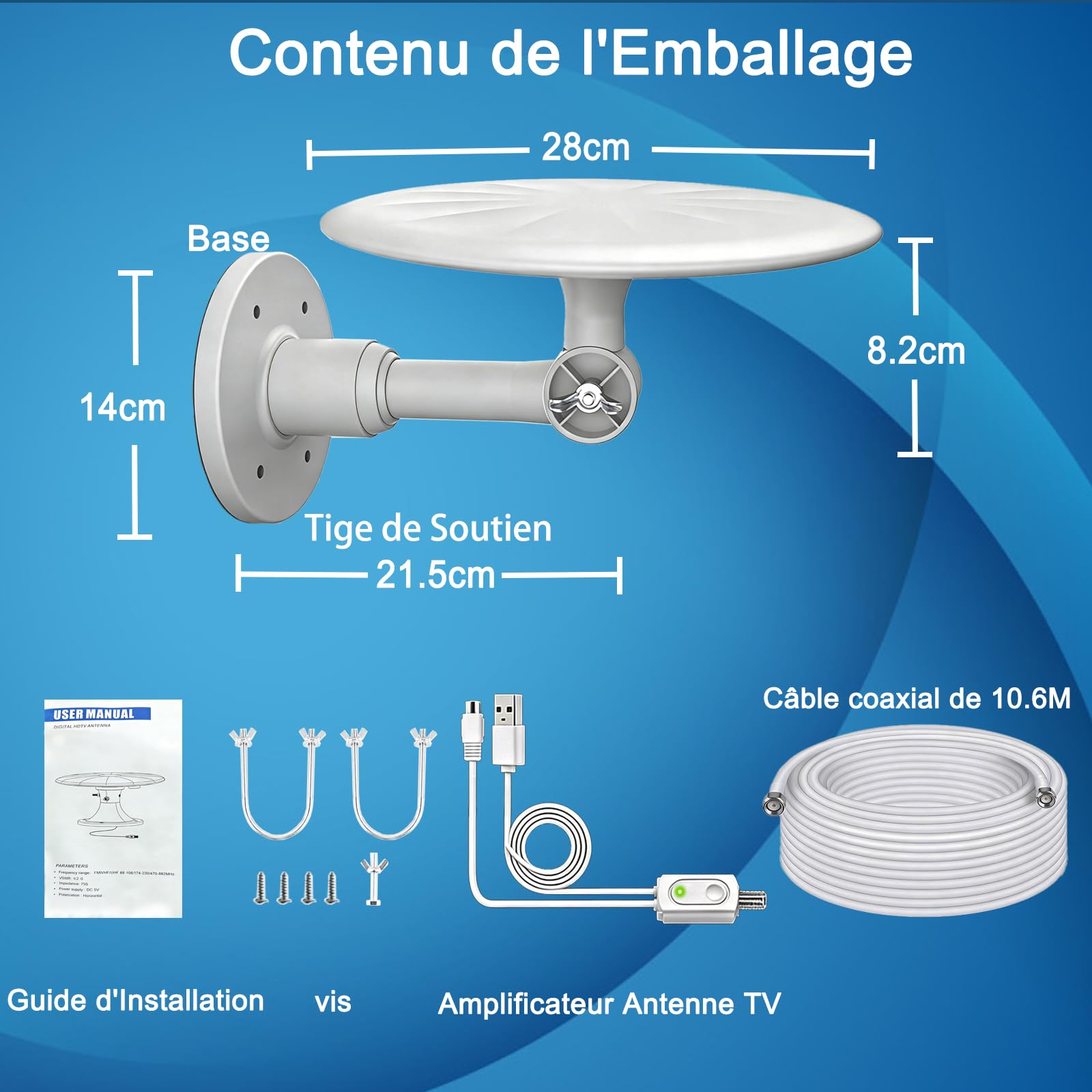 Antenne TV Exterieure Puissante DVB-T/DVB-T2, Réception Omnidirectionnelle 720° Antenne TNT Exterieur, pour Camping Car, Caravane, Fourgon, Van, Camion, Bateau (White -exterieure1)
