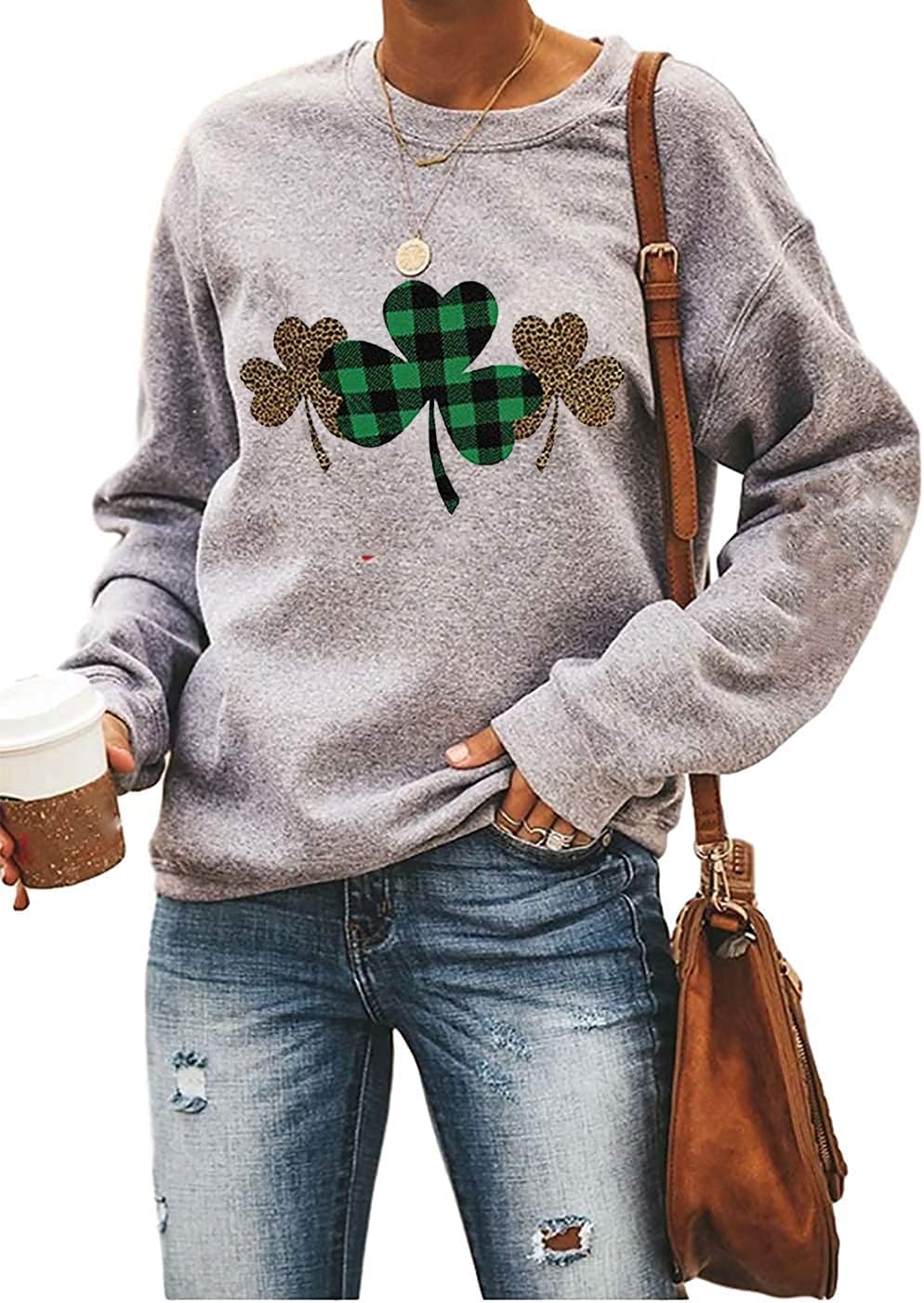Ykomow St Patricks Day Sweatshirt Women Long Sleeve Leopard Shamrock St. patricks Shirts Tees