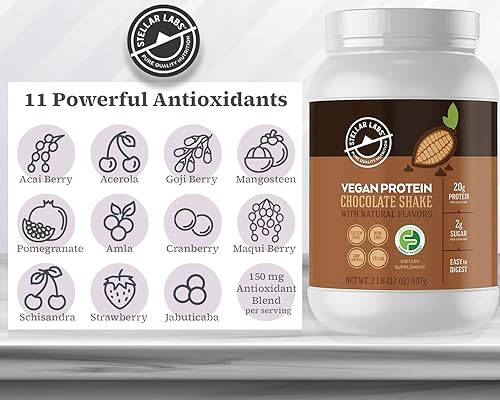 Miniatura 5 de Stellar Labs Proteína vegana en polvo con BCAA y antioxidantes  Certificado bajo en FODMAP, sin OMG, sin gluten, sin soja, bajo en carbohidratos,