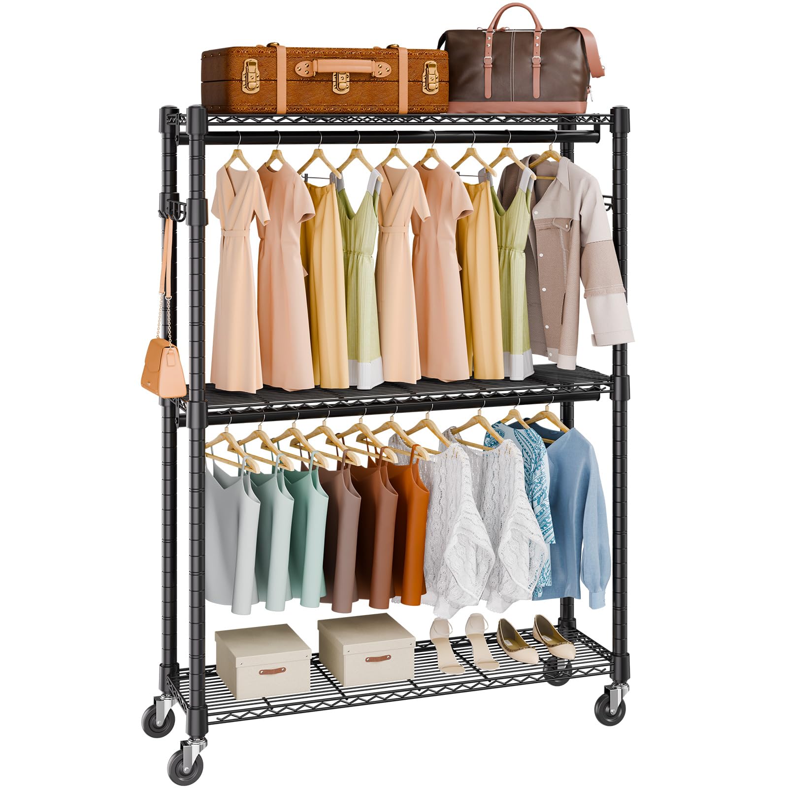 VEVOR Portant à Vêtements Mobile Porte-​Manteau avec Roulettes 2 Tringles 3 Étagères 2 Supports Latéraux Penderie à Vêtements en Acier Charge 182 kg Vestiaire Mobile pour Rangement Chambre à Coucher