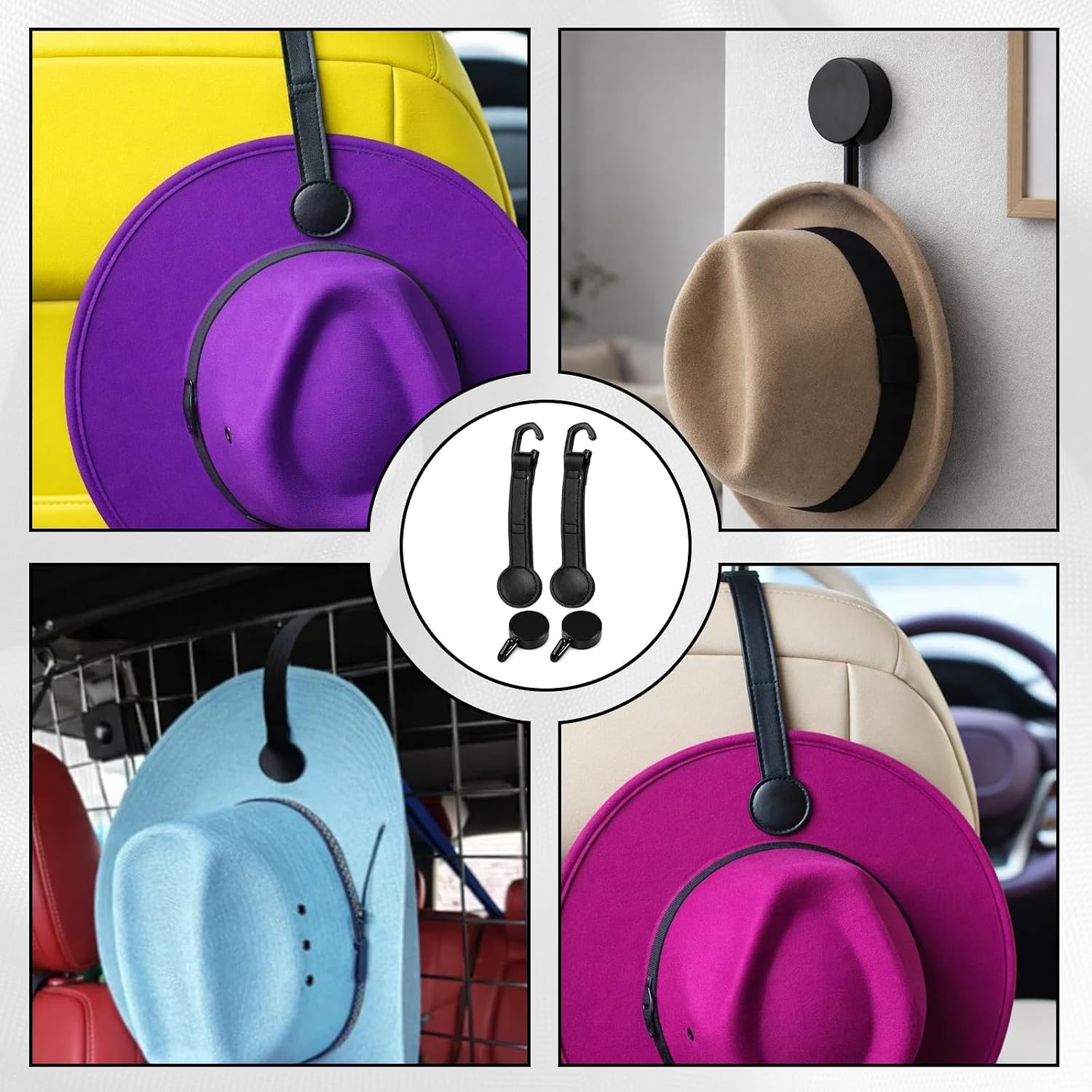 4Pcs Cowboy Hat Holder for Truck Set, Leather Magnetic Cap Clip, Cowboy Hat Holder, Adjustable Hat Organizer Suitable for Most Vehicle Storage(Black) image 5