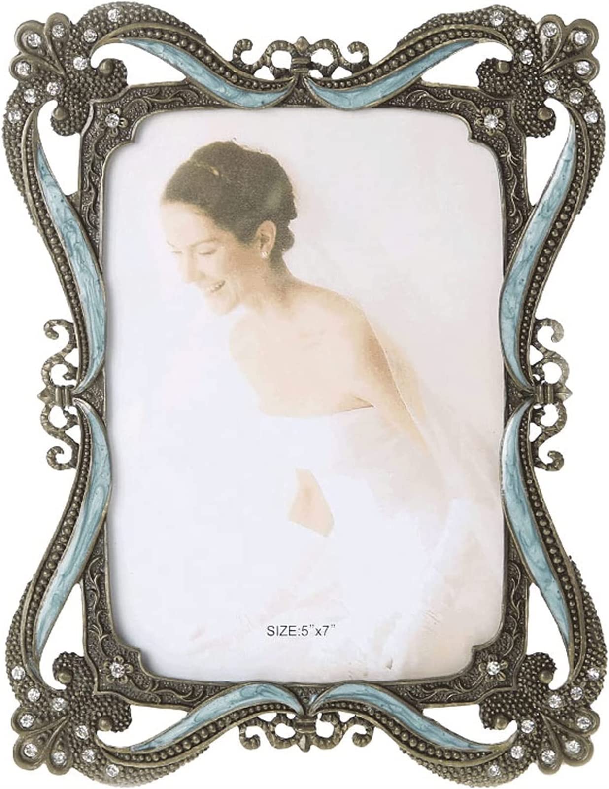 Metal Picture Frame, Retro Metal Diamond-encrusted Photo Frame Horizontal Vertical HD Glass Multiple Sizes(5 * 7)