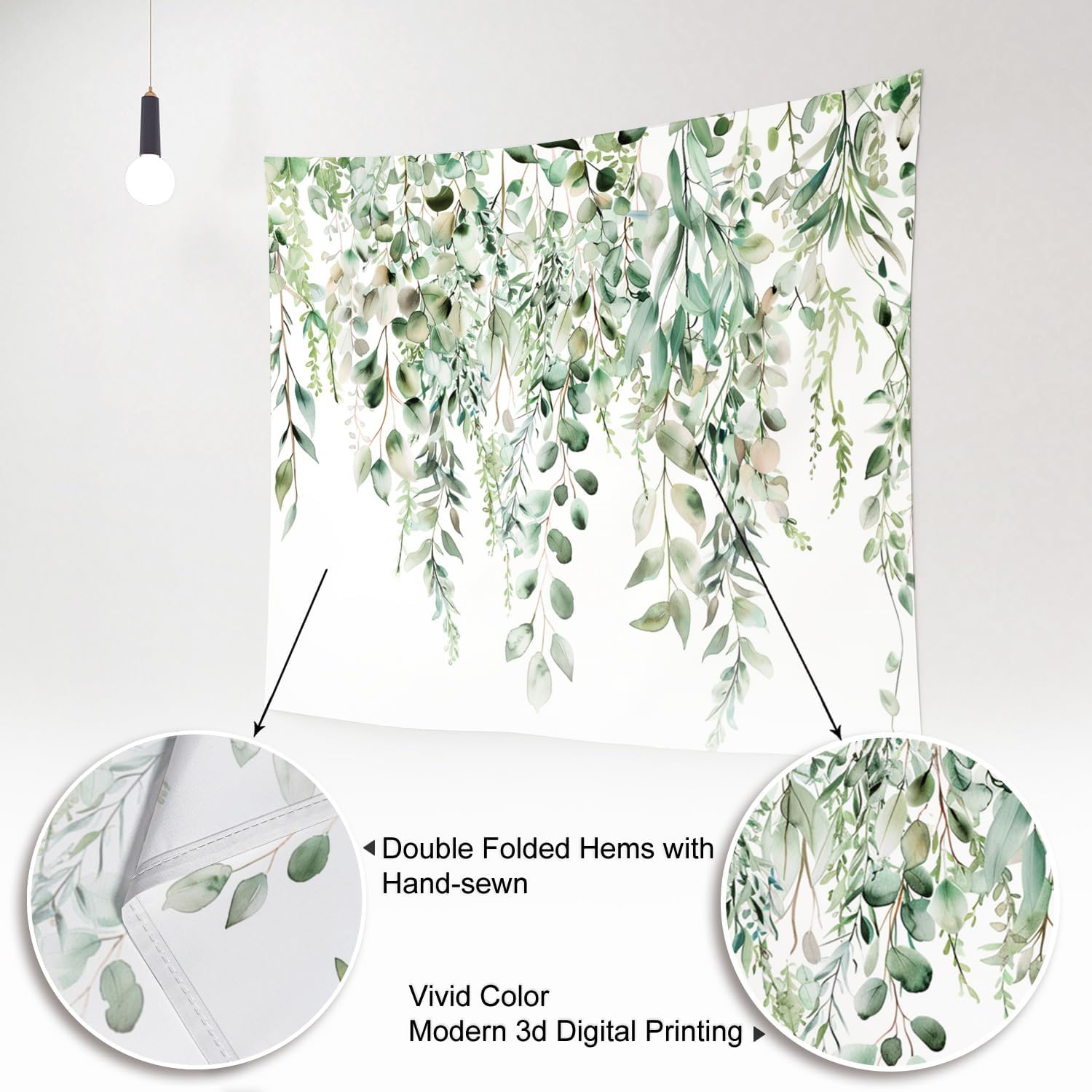 Plants Tapestry Watercolor Eucalyptus Leaf Vines Botanical Cottagecore Sage Green White Polyester Decor Backdrop Couch Living Room Bedroom Office Club Wall Hanging Tapestries One Piece 80x60 Inch
