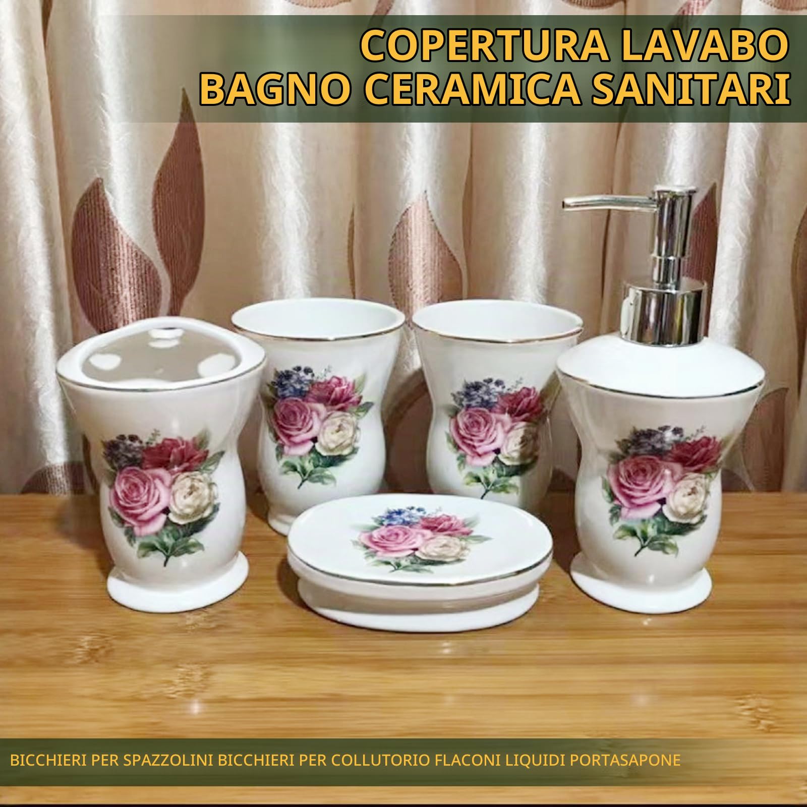 Set di accessori per il bagno in ceramica con fiore di rosa, 4 pezzi, inclusi 1 portaspazzolino, 1 tazza per spazzolini da denti per gargarismi, 1 portasapone, 1 dispenser per lozione