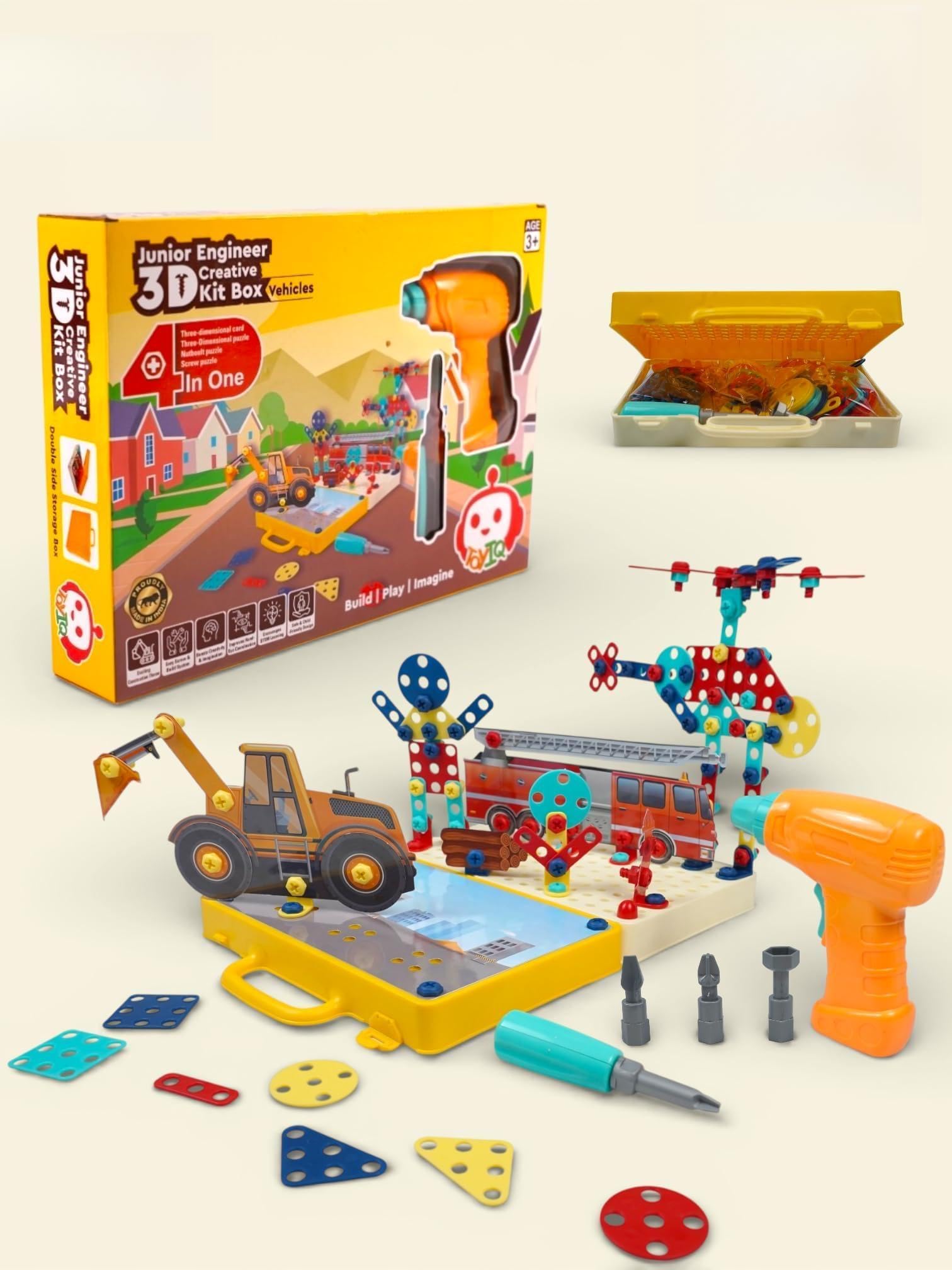 Junior Engineer 3D Creative Animals Kit – 4 in 1 DIY Building Toy with Electric Drill, Screw Puzzle Board Game for Kids Boys & Girls Age 3+ | STEM Learning Construction Set (Construction)