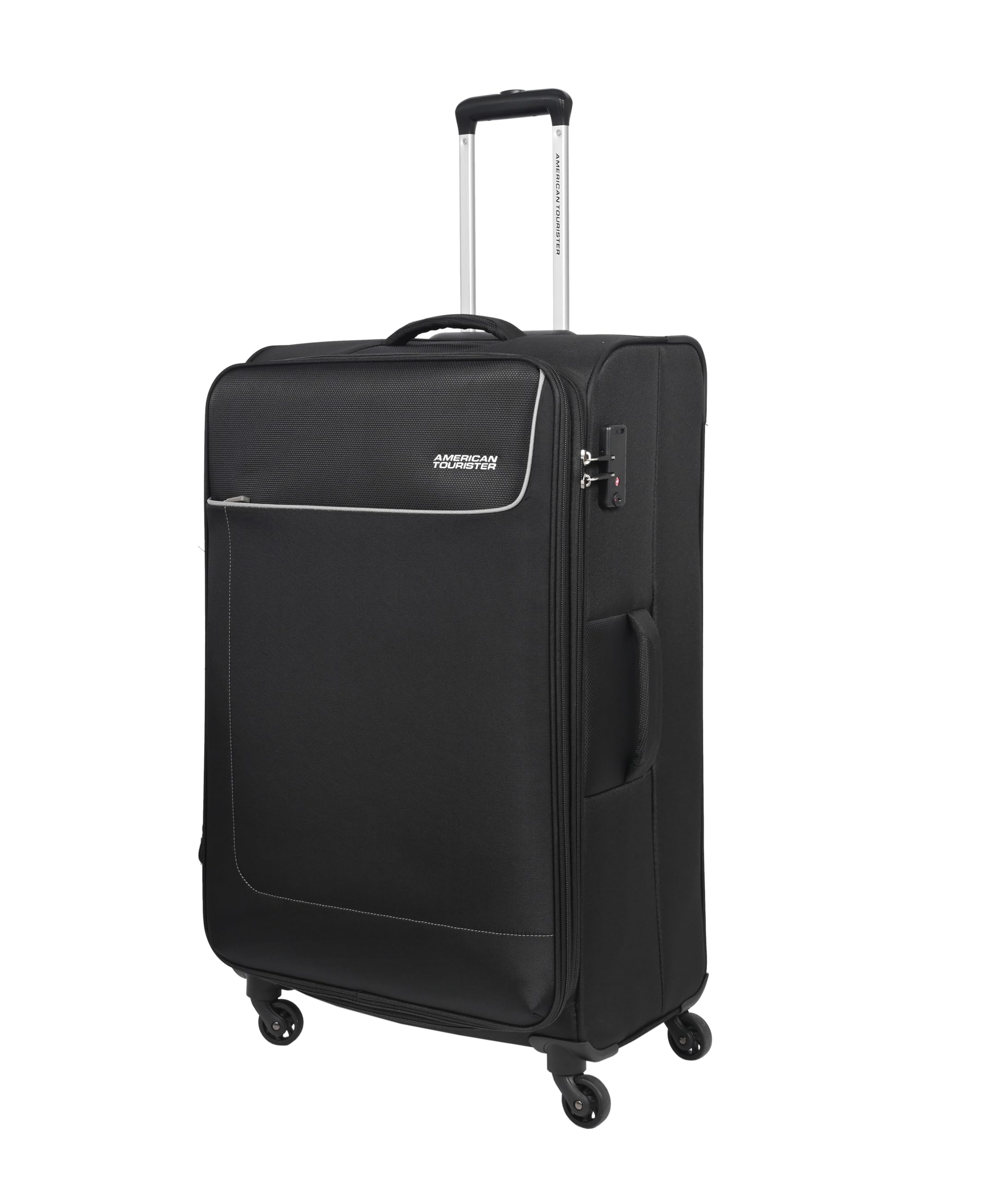 American Tourister Jamaica Suitcase, Check-In Size 80 cm / 30 inch, 4 Spinner Wheels, Soft Top, 100% Polyester, Black|TSA Lock|Expandable|Front Pocket Storage|Corner Guard - 3 Years Global Warranty