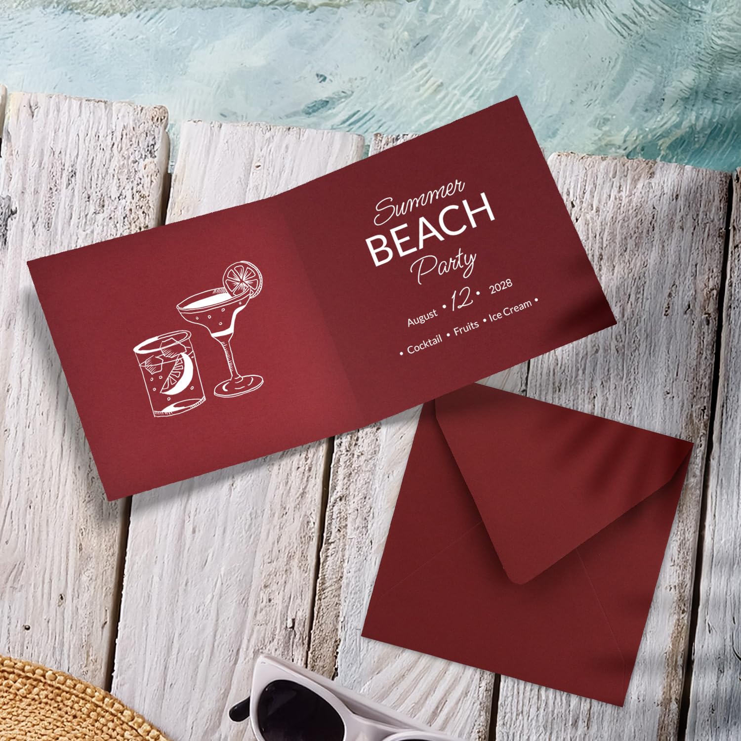Set di 200 biglietti pieghevoli quadrati, 15 x 15 cm, con buste, rosso scuro, incollaggio a umido, per biglietti di auguri, inviti e molto altro ancora