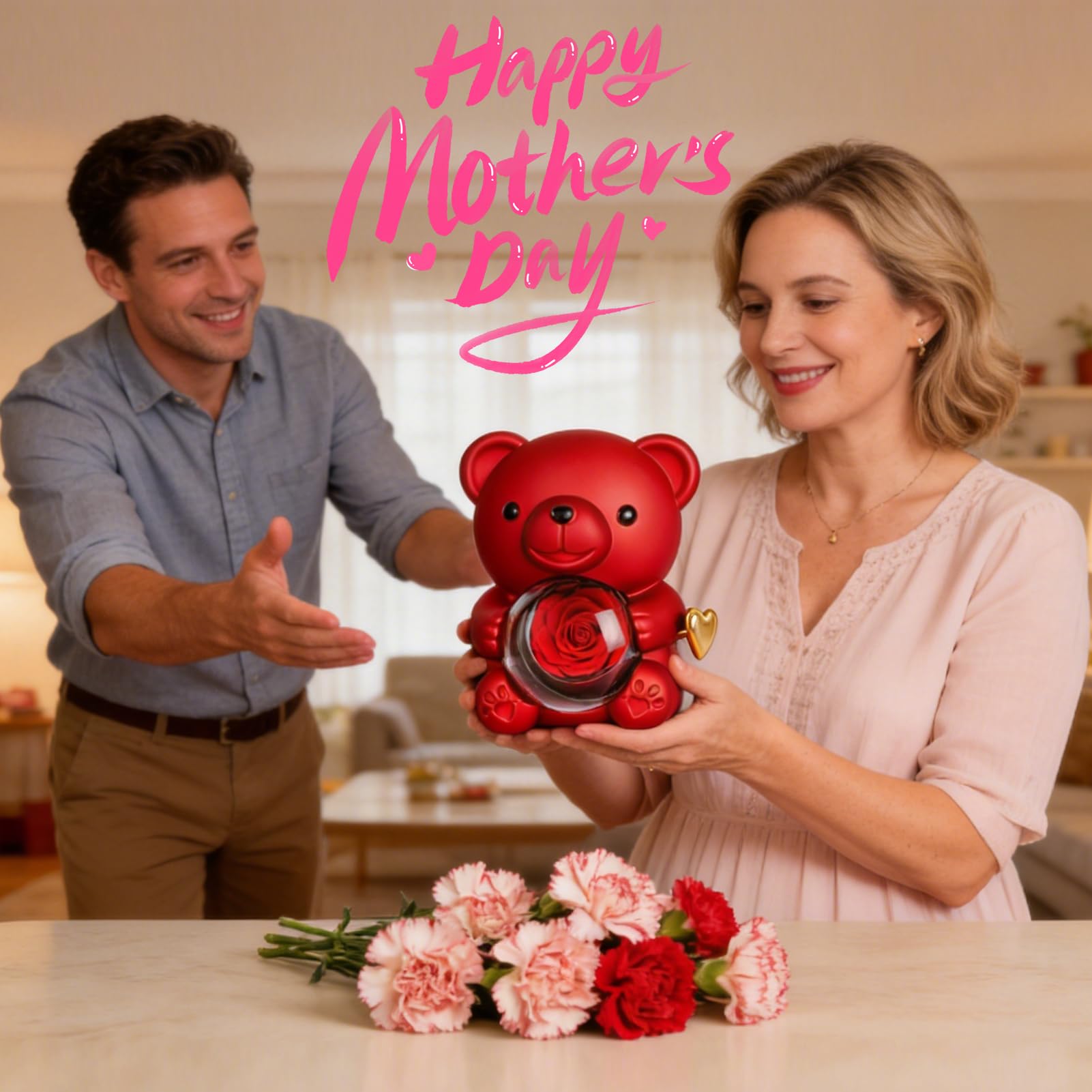 Orso di Rosa Eterna con Collana a Cuore, Orsetto Stabilizzato, Regalo San Valentino per Donna