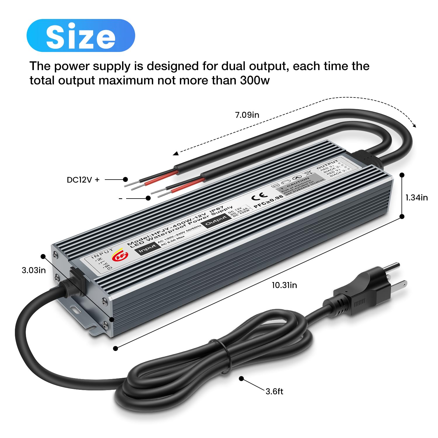 LED Driver 400W Waterproof Power Supply IP67 Transformer, Adapter Converter AC 100V-265V AC to 12V DC 33.3A Low Voltage Output with 3-Prong Plug for LED Light, Computer Project, Outdoor Use