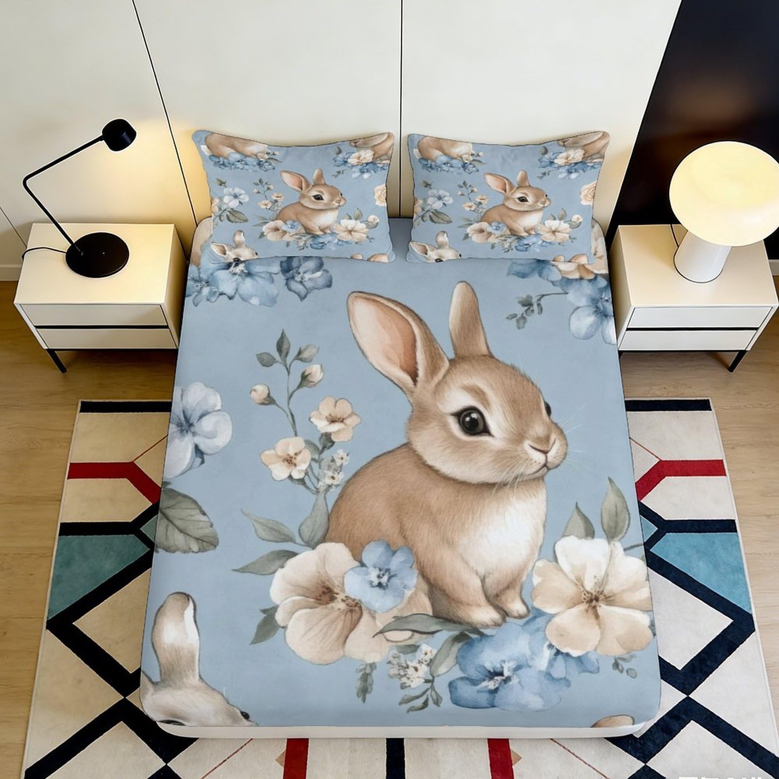 3D Printed Bunny Floral Fitted Sheet Microfiber Soft Blue Rabbit Bed Cover for Bedroom Guest Room Mattress Protection Decor 140x200x25cm