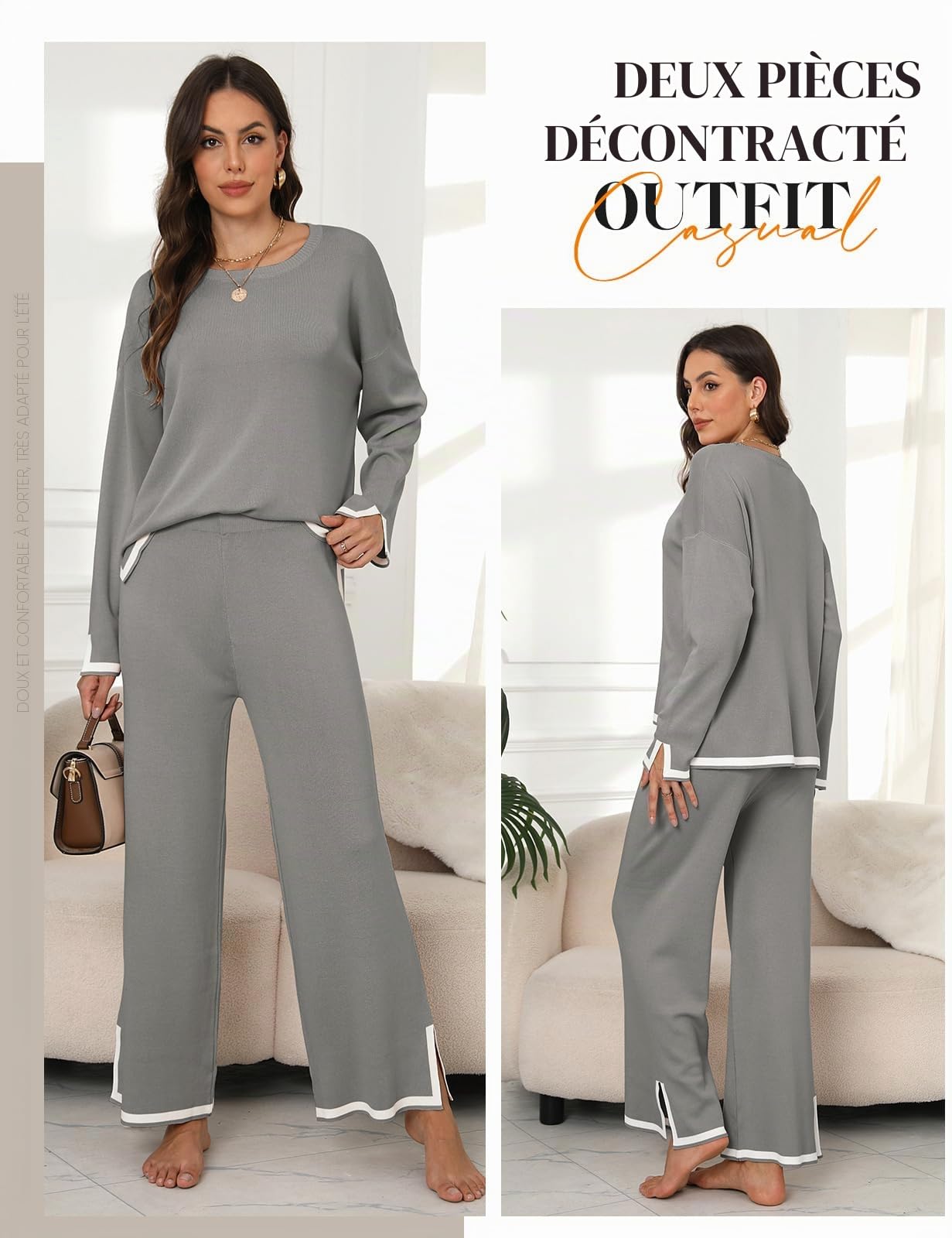 CMTOP Hiver Ensemble Femme Chic et Elegant Tricoté 2 Pièces D'Intérieur Tenue Décontracté Longues Respirant et Confortable Knit Deux Pièce Maille Top et Pantalon Large Lounge Set