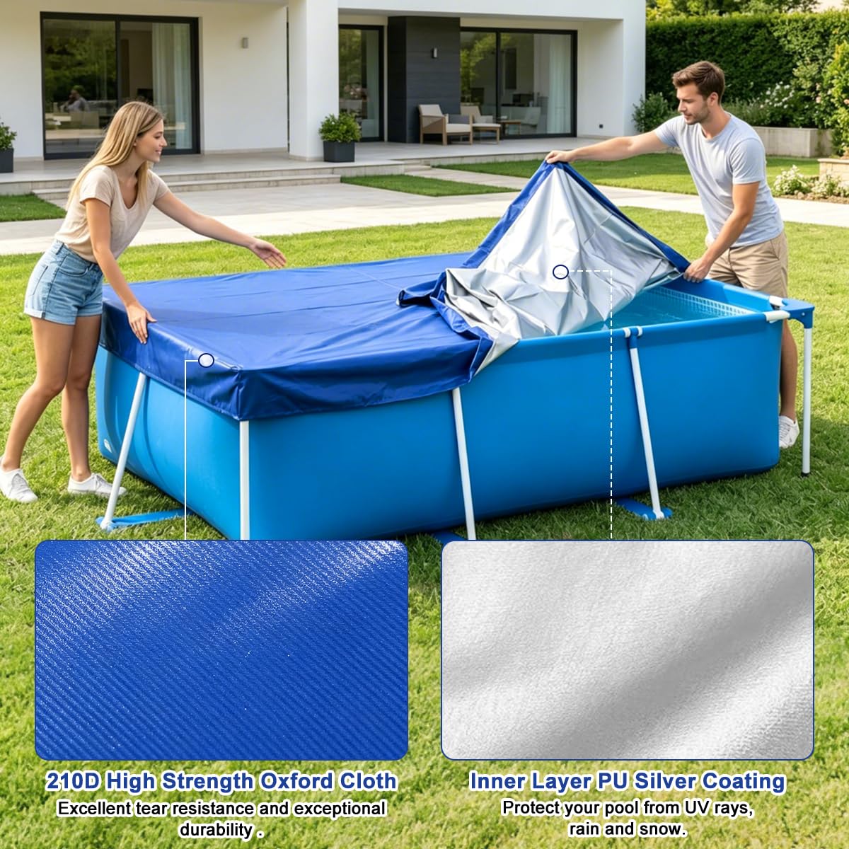 Bache Piscine Rectangulaire, 300x205 cm Couverture de Piscine avec Cordon de Serrage, Bâche Protection pour Piscines, Protection UV, Imperméable, Durable, Protections Idéale pour Cadre Piscines