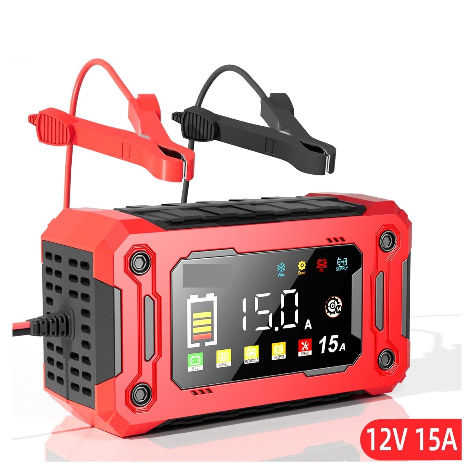 Cargador de Bateria, Cargador inteligente for baterías de coche de 12 V y 15 A con pantalla LCD más grande