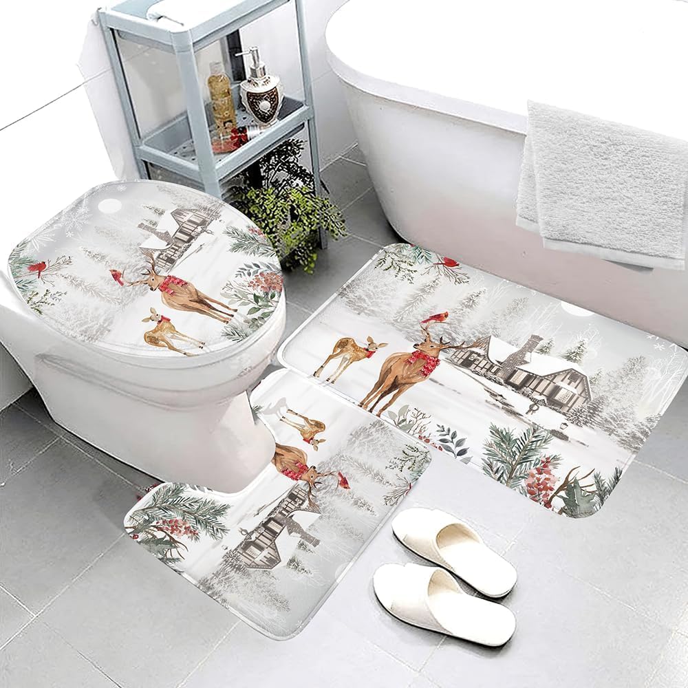 Baccessor 4 Pcs Merry Christmas 72x72 Inch Shower Curtain Set,Christmas Winter Shower Curtain with Hooks, Non-Slip Rug, Bath Mat and Toilet Lid Cover Sets Winter Xmas Holiday New Year Bathroom Decor