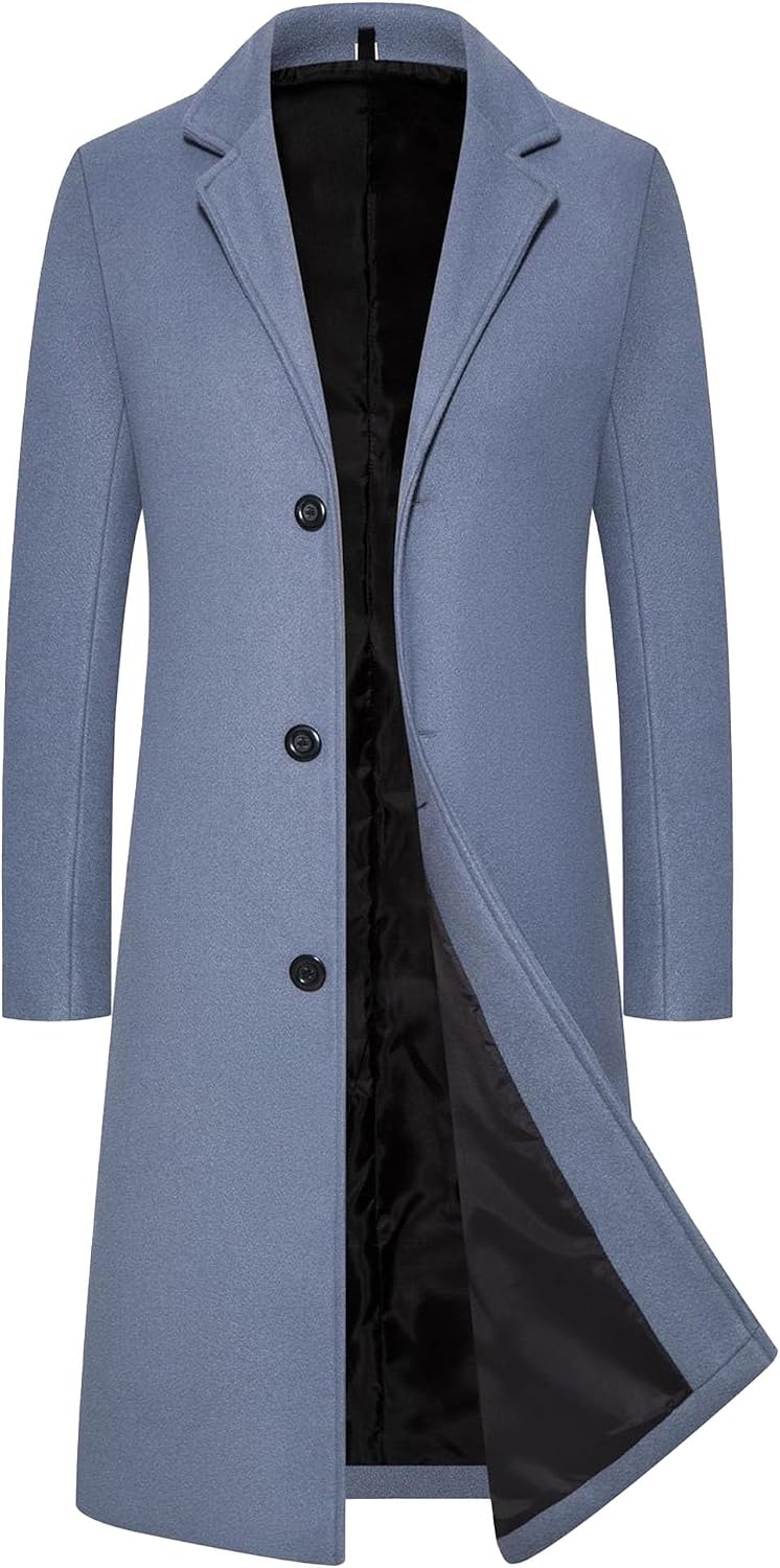 Men'S Wool Blend Pea Coat Casual Notched Collar Single Breasted Overcoat Warm Winter Business Trench Coat