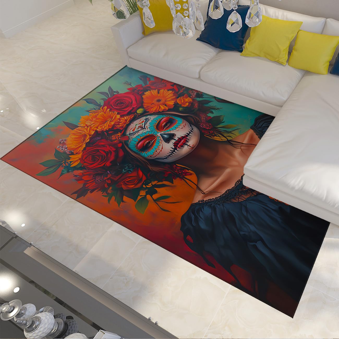 Dywan 120 x 180 cm Dzień Umarłych do salonu Cukrowa czaszka z antypoślizgowym spodem Zmywalna mata Meksykańska Girlanda kwiatowa damska Duży odporny na plamy