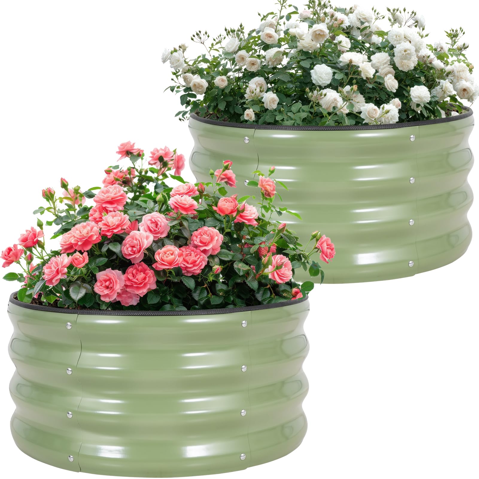 Permade Galvanized Raised Garden Bed- 2Pcs 2x2x1FT Metal Planter Boxes Outdoor | Round Steel Raised Bed Kit & Fire Pit Ring for Gardening with Protective Tape, Gloves for Vegetables, Flower (Green)