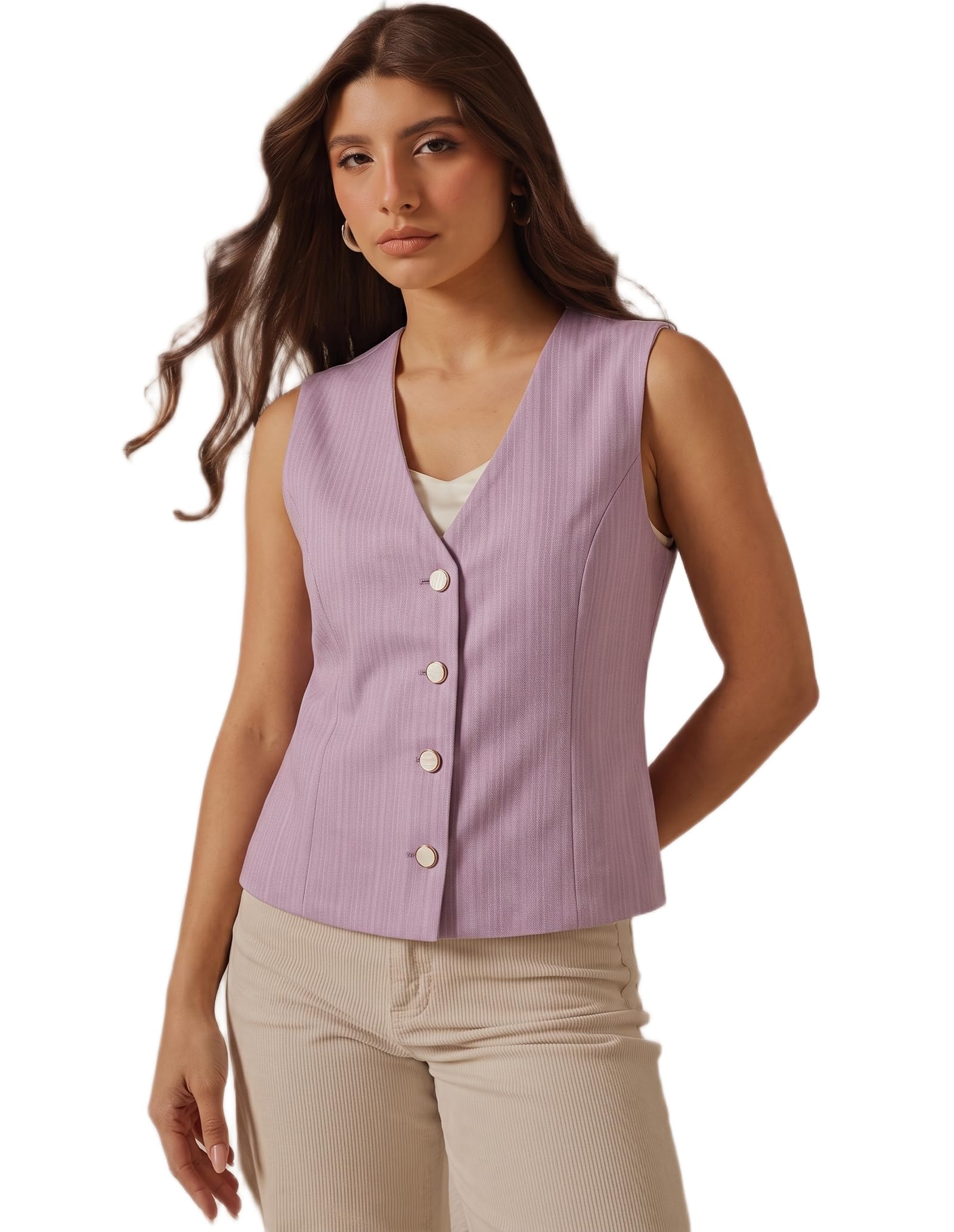 Women's Lilac Sleeveless Vest Top, Button-Down V-Neck Waistcoat Style Top-image-45