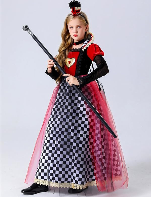 ZEXIGLAD Queen of Hearts Costume Kids Alice In Wonderland Girls Halloween Costume Evil Fancy Dress 12-14Y Red Heart2 150CM by ZEXIGLAD - Used condition - Image 4