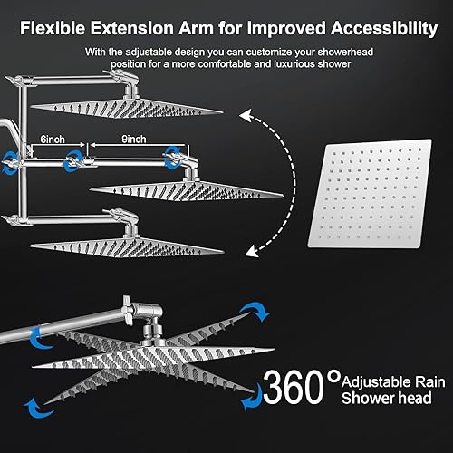 Miniatura 4 de Jafeton Cabezal de ducha de lluvia de 12 pulgadas con combo de mano, 6 modos de pulverización de alta presión, cabezal de ducha de lluvia de modo
