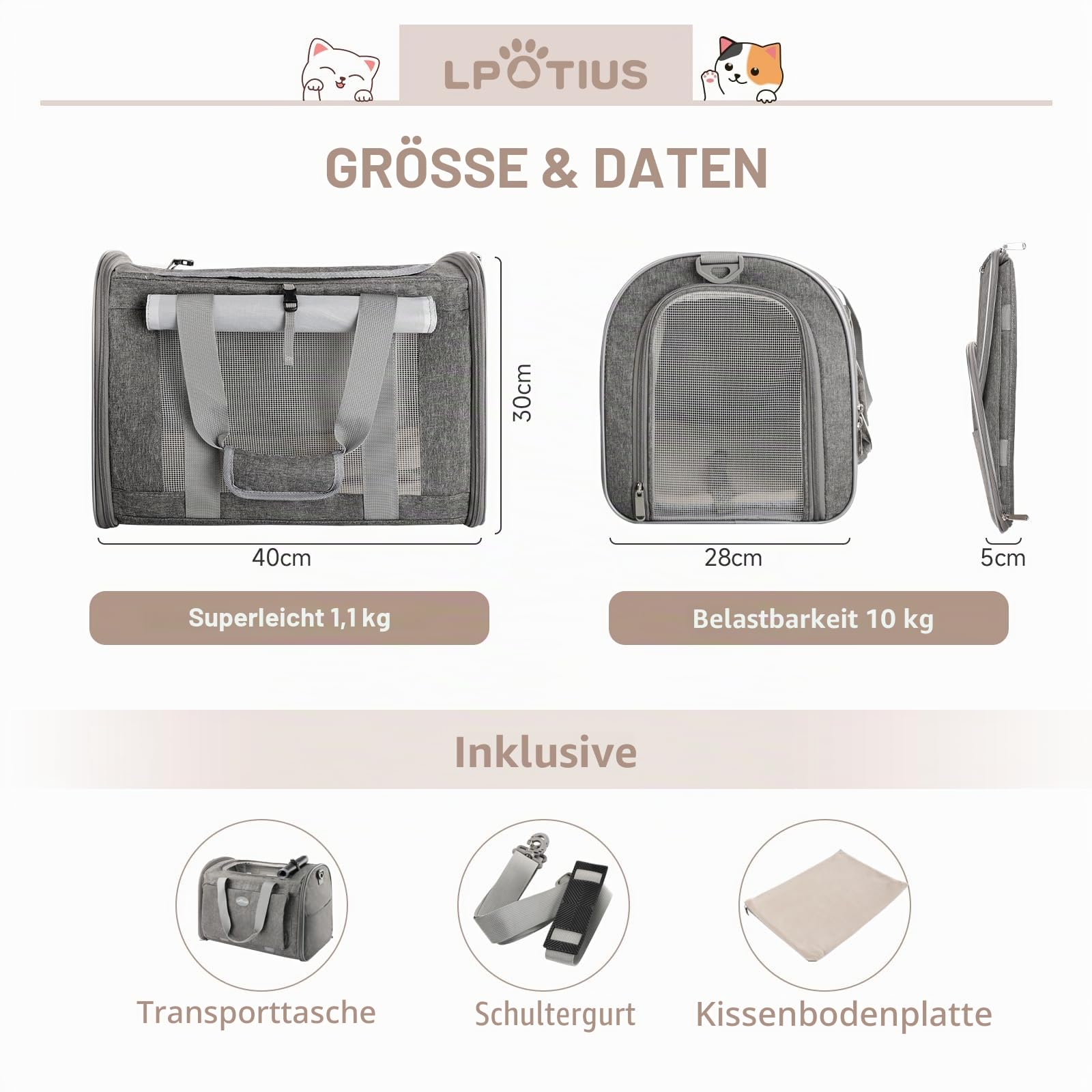 Transporttasche für Katzen, Tragetaschen für Hunde, atmungsaktiv und faltbar, Transportbox für Katzen mit verstellbarem Schultergurt (Grau)