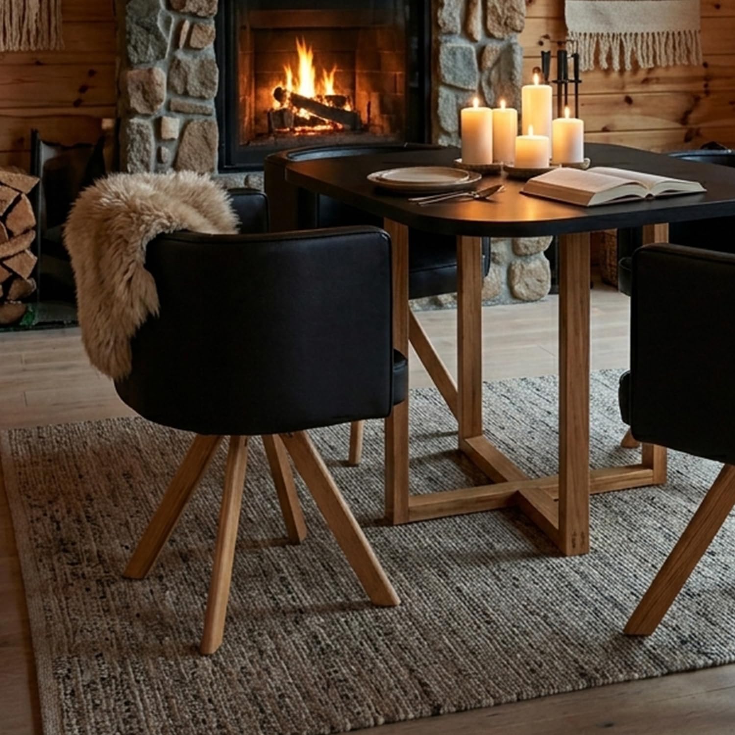 Menzzo Table A Manger Scandinave Oslo avec Chaises Encastrable Revêtement Simili Noir - Pieds Métal Couleur Bois, Assise Moelleuse et Confortable - L90 x P90 x H75 cm